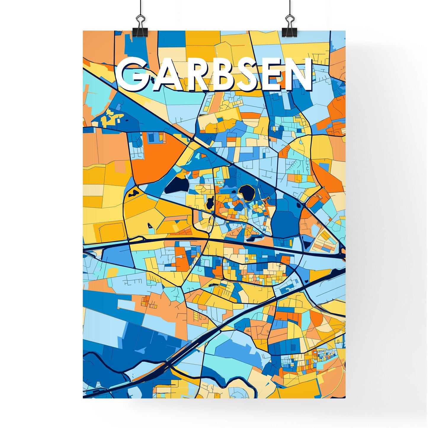 GARBSEN GERMANY Vibrant Colorful Art Map Poster Blue Orange