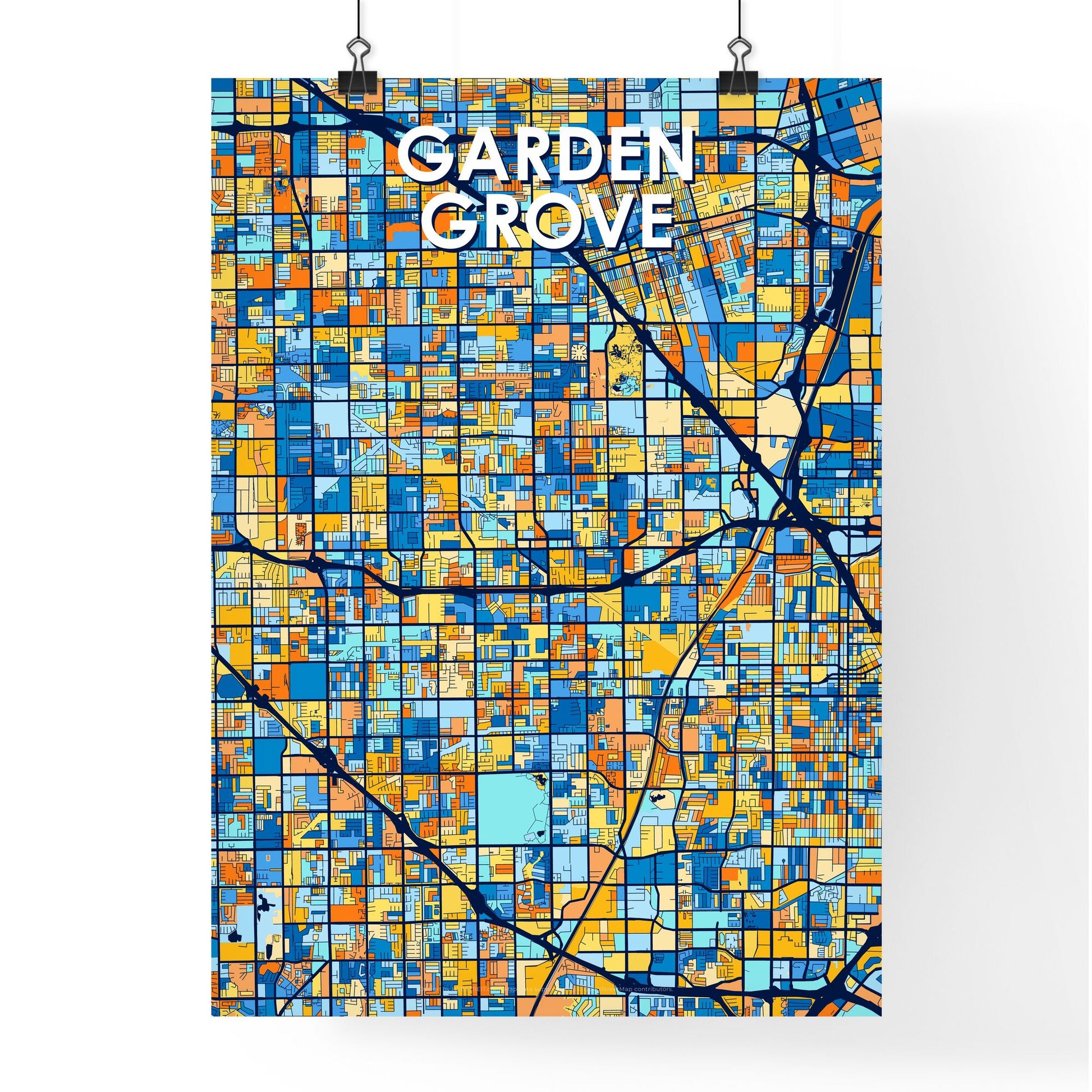 GARDEN GROVE CALIFORNIA Vibrant Colorful Art Map Poster Blue Orange