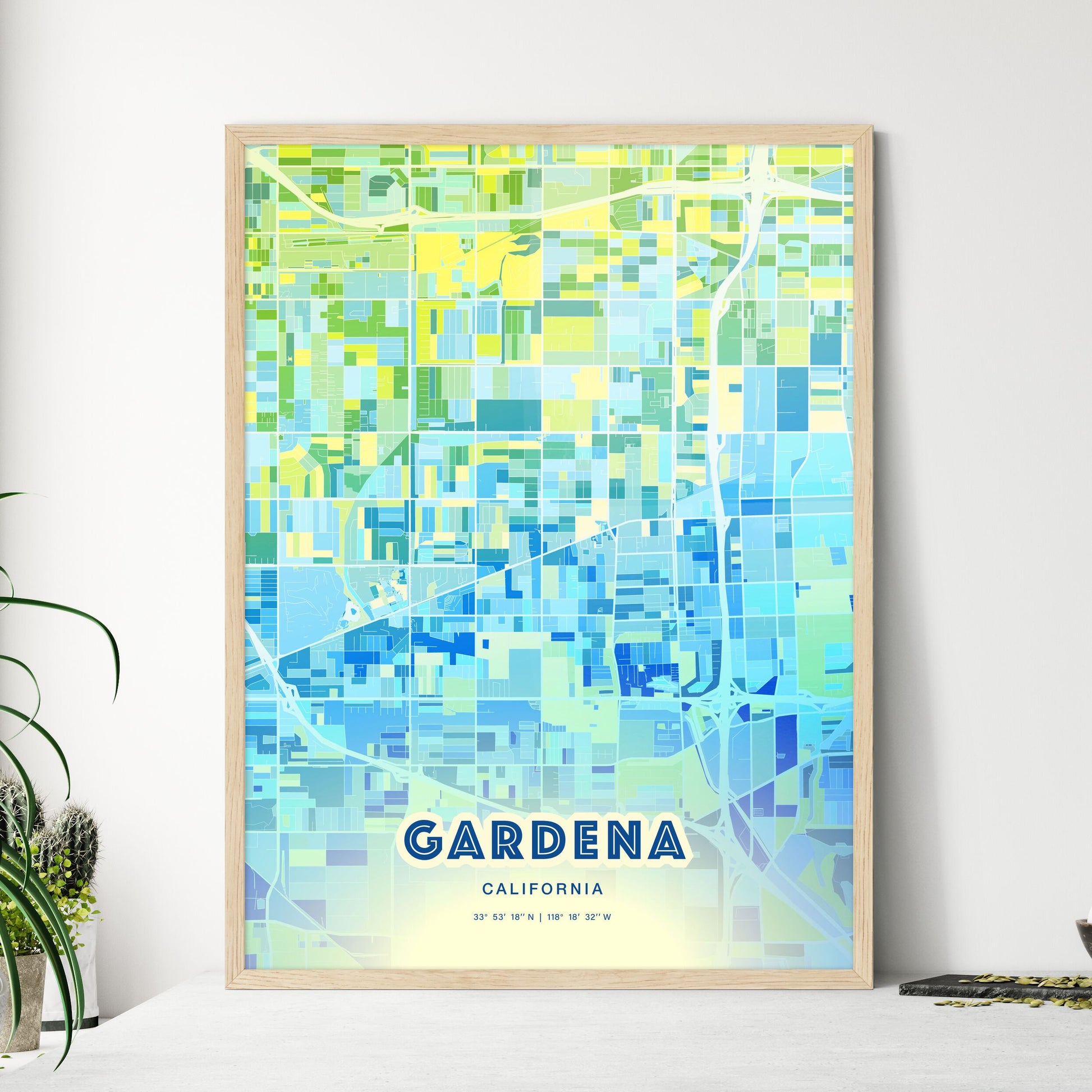 Colorful Gardena California Fine Art Map Cool Blue