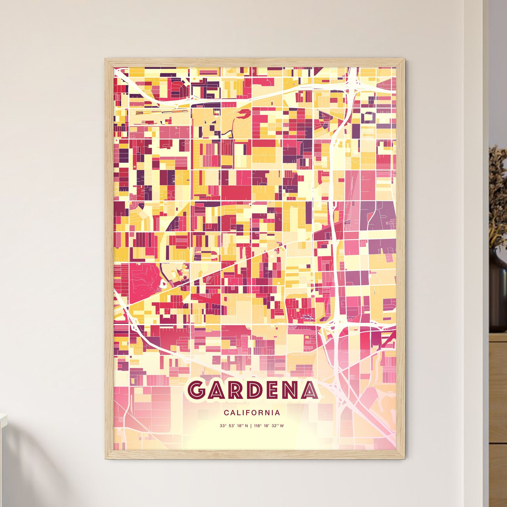 Colorful Gardena California Fine Art Map Hot Red