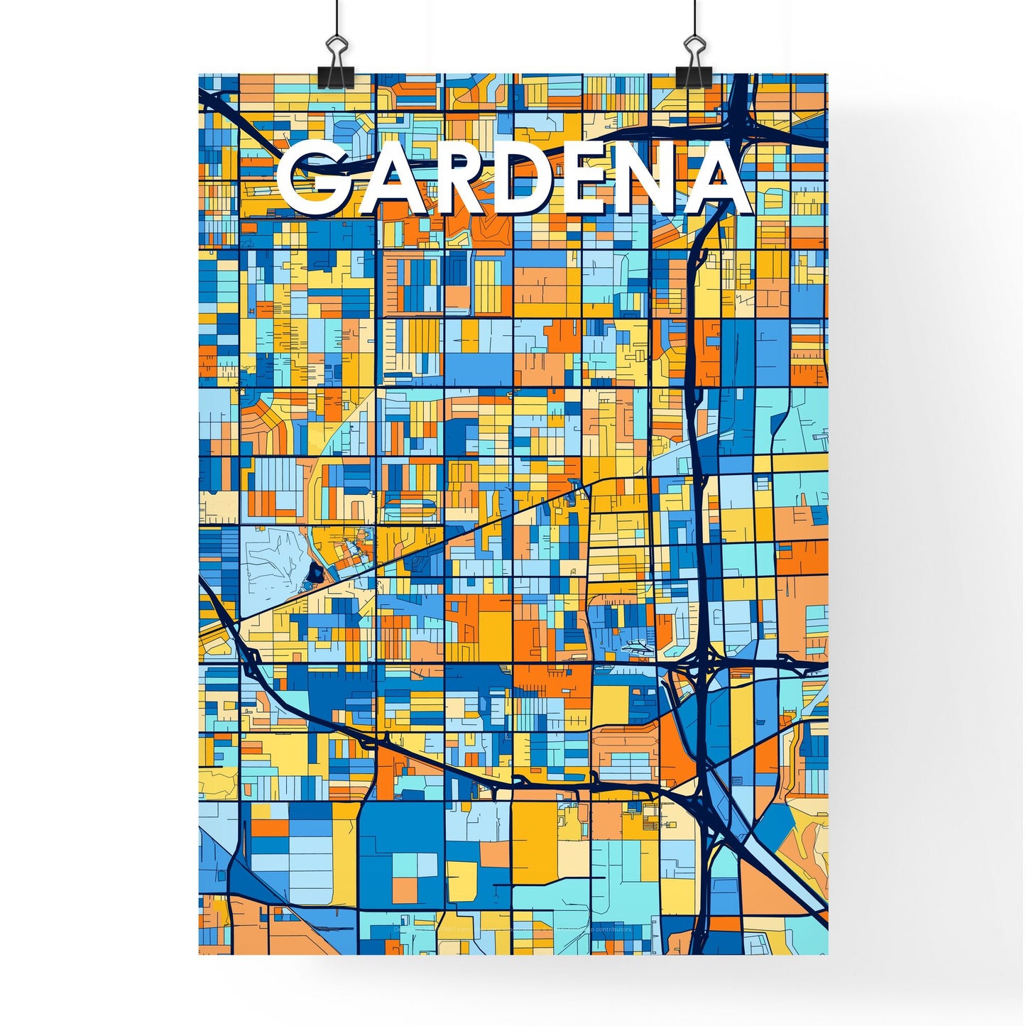 GARDENA CALIFORNIA Vibrant Colorful Art Map Poster Blue Orange