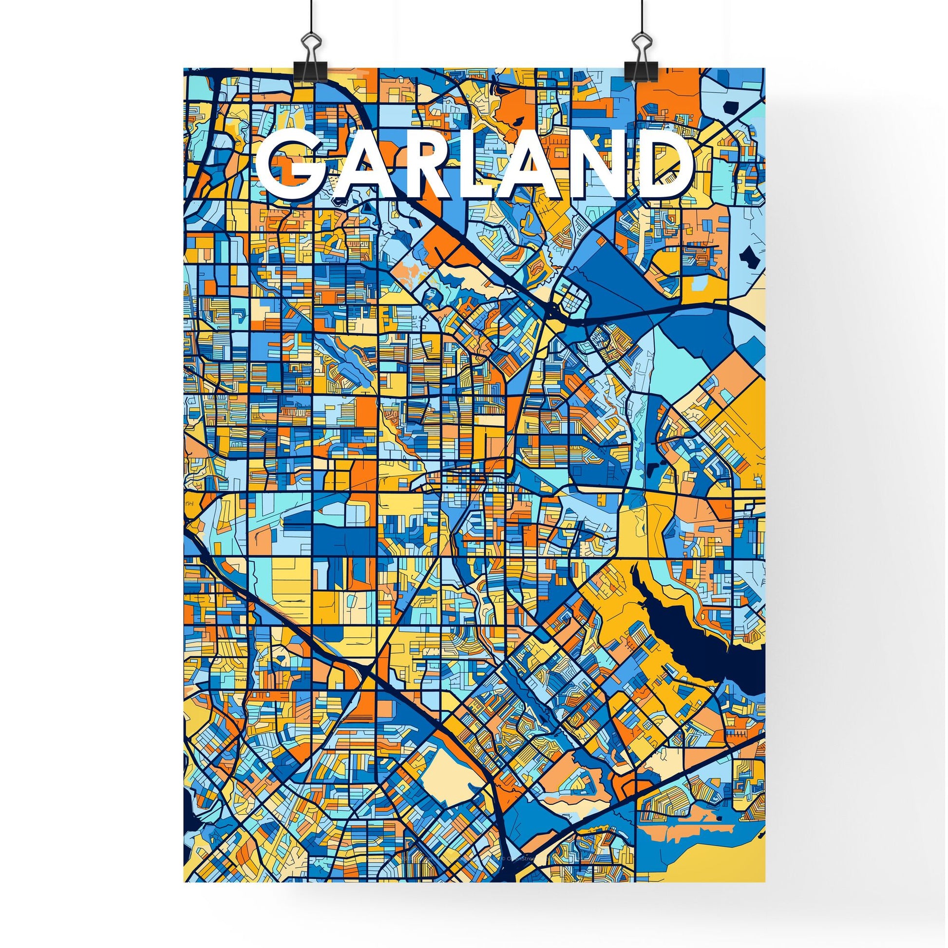 GARLAND TEXAS Vibrant Colorful Art Map Poster Blue Orange