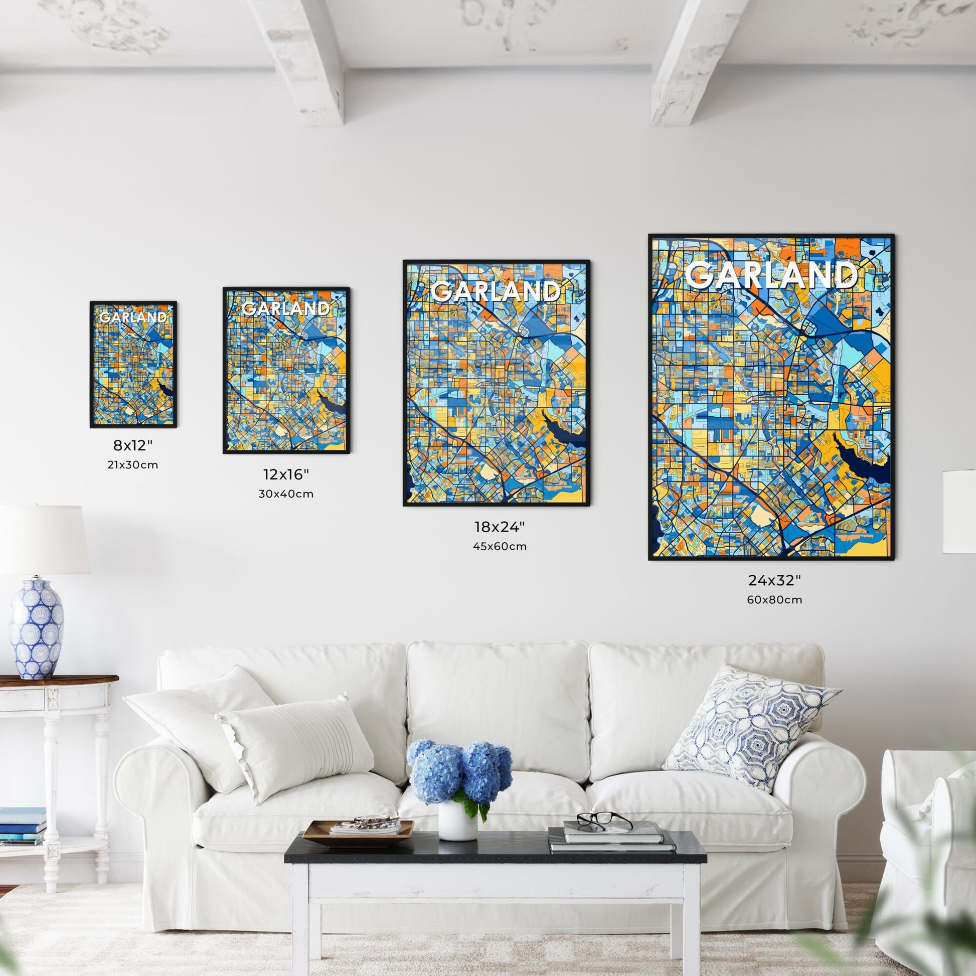 GARLAND TEXAS Vibrant Colorful Art Map Poster Blue Orange