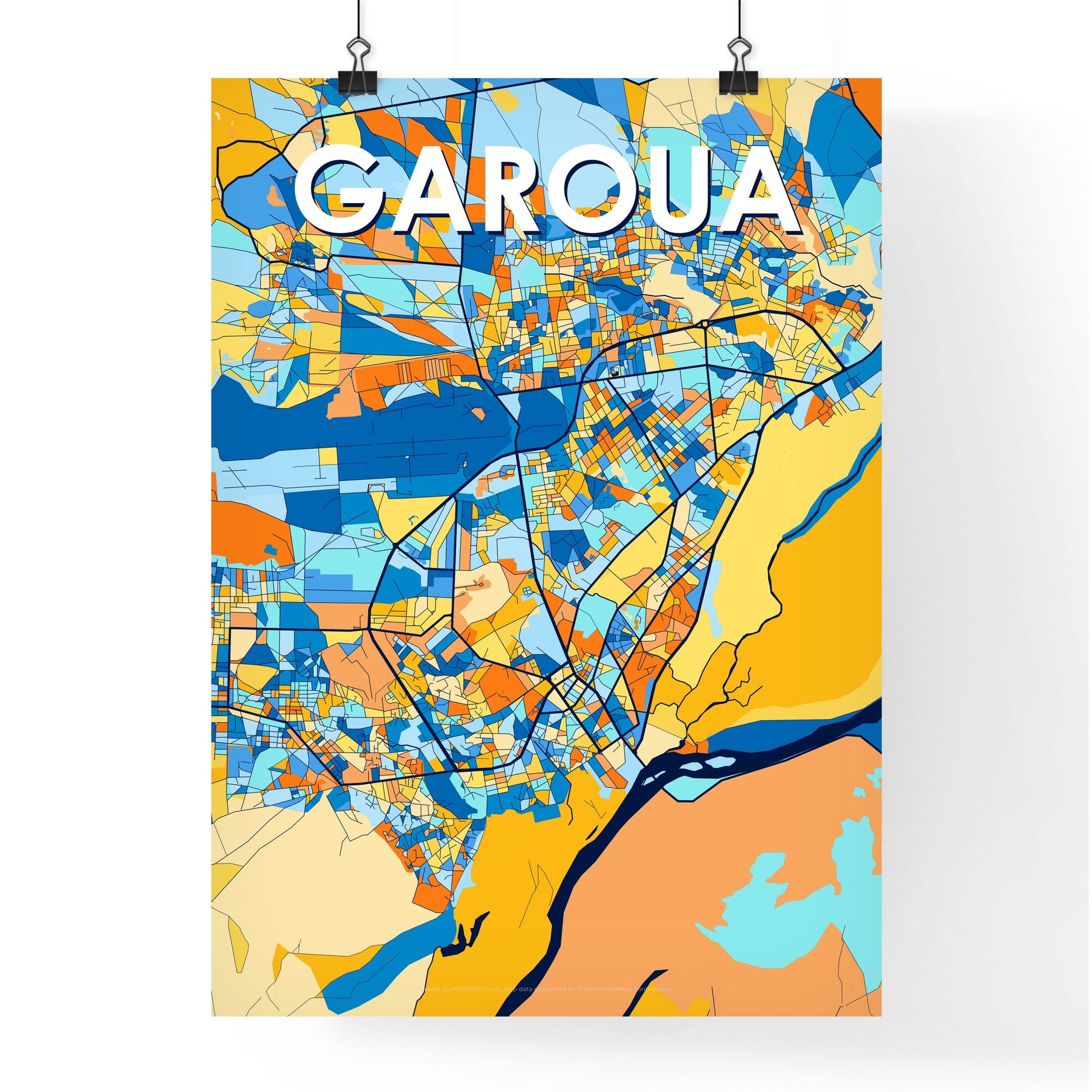 GAROUA CAMEROON Vibrant Colorful Art Map Poster Blue Orange