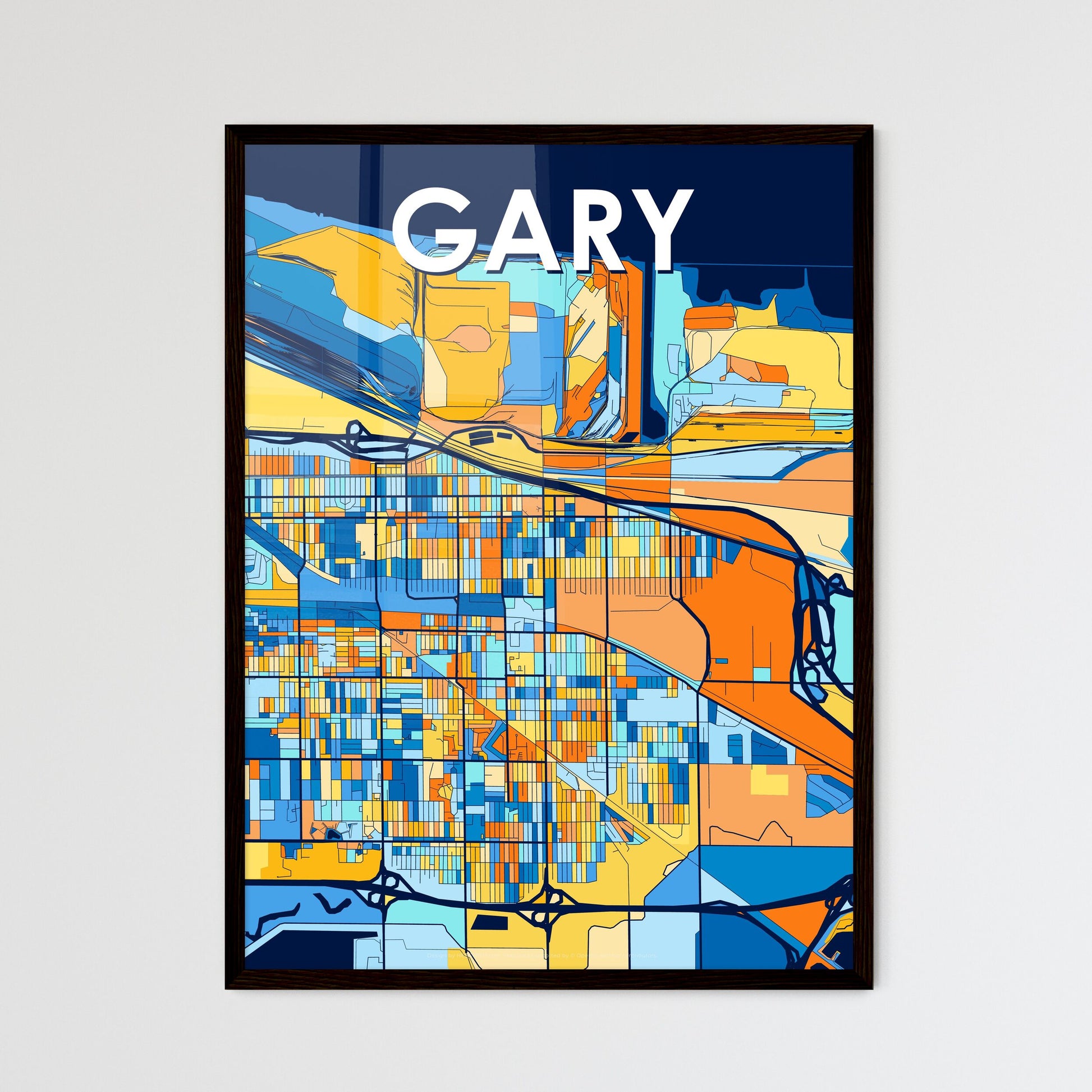 GARY INDIANA Vibrant Colorful Art Map Poster Blue Orange