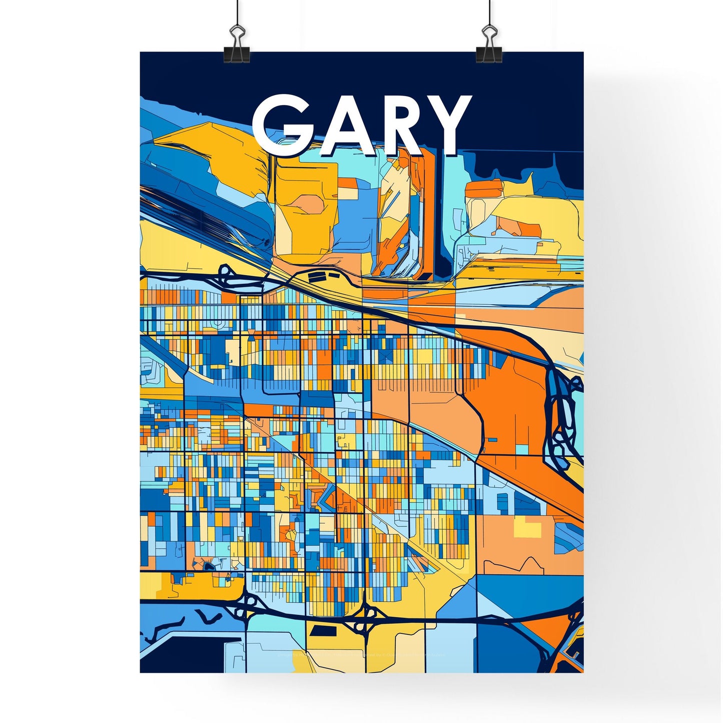 GARY INDIANA Vibrant Colorful Art Map Poster Blue Orange