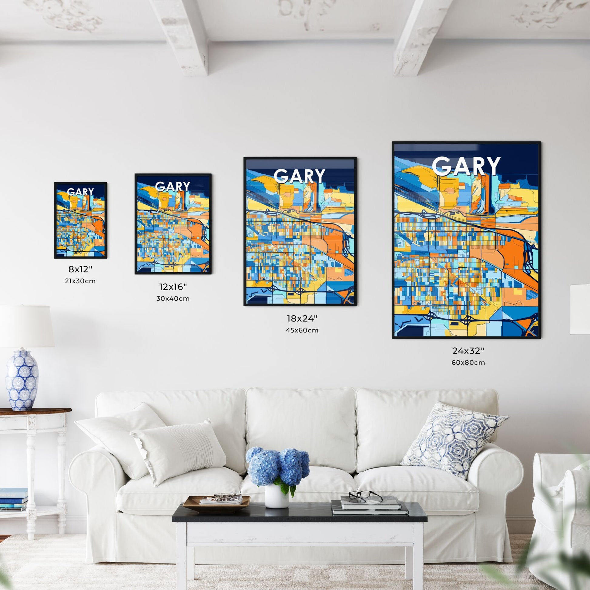 GARY INDIANA Vibrant Colorful Art Map Poster Blue Orange