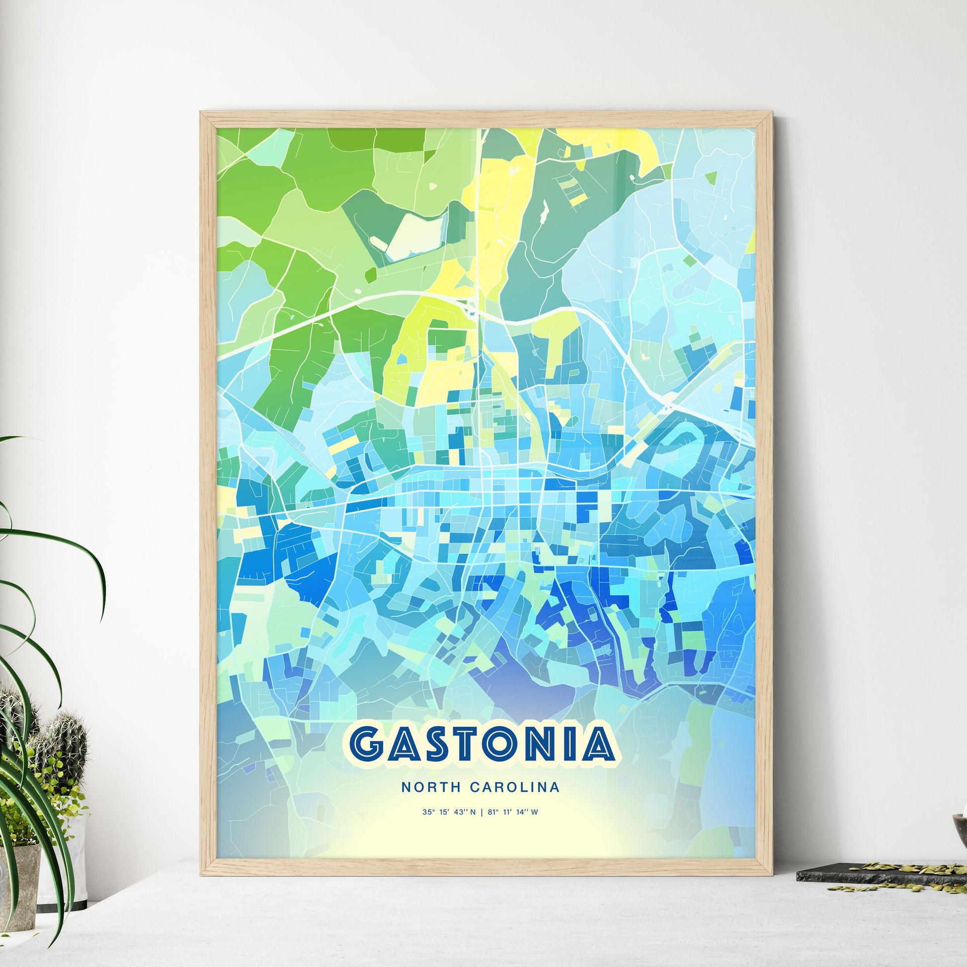 Colorful Gastonia North Carolina Fine Art Map Cool Blue