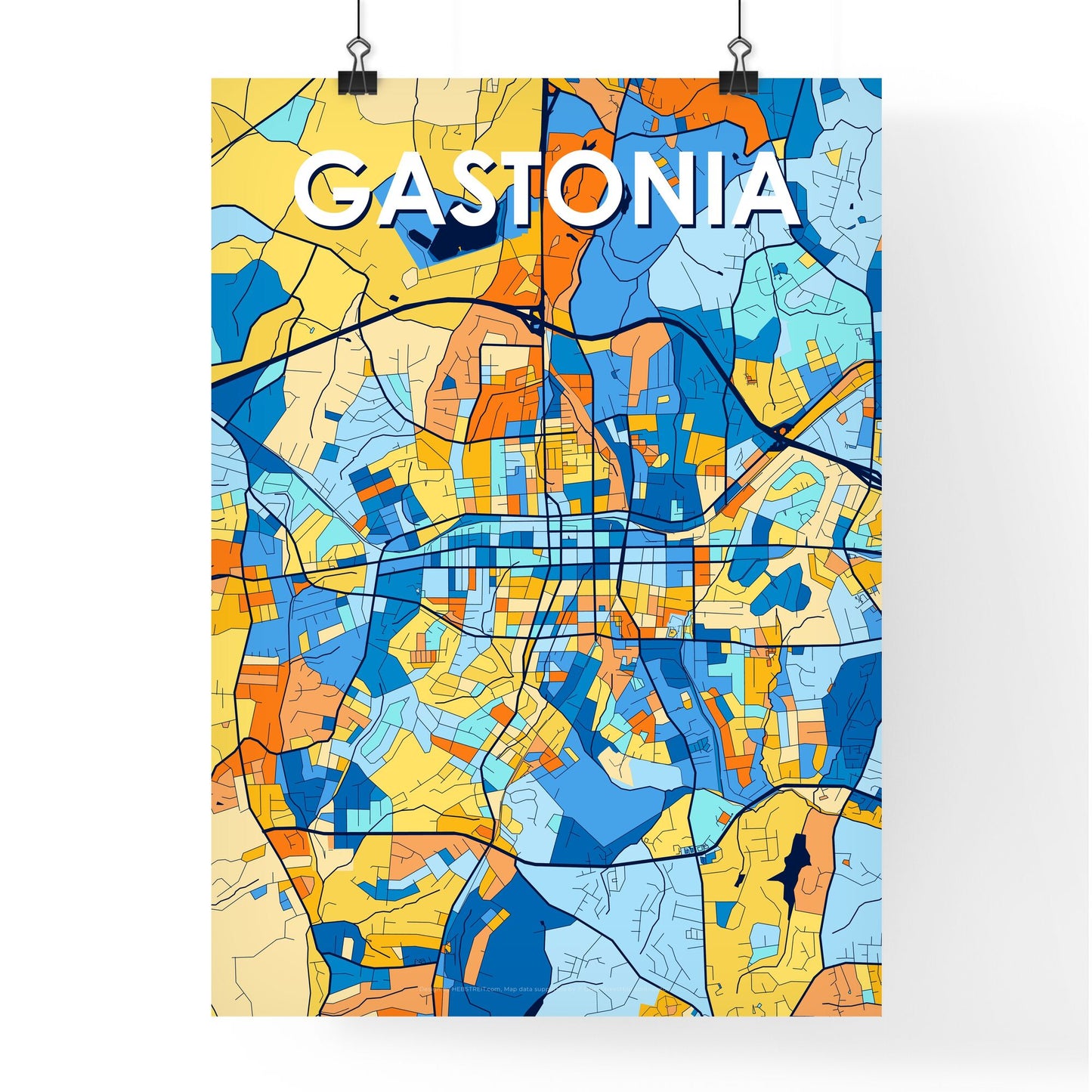 GASTONIA NORTH CAROLINA Vibrant Colorful Art Map Poster Blue Orange