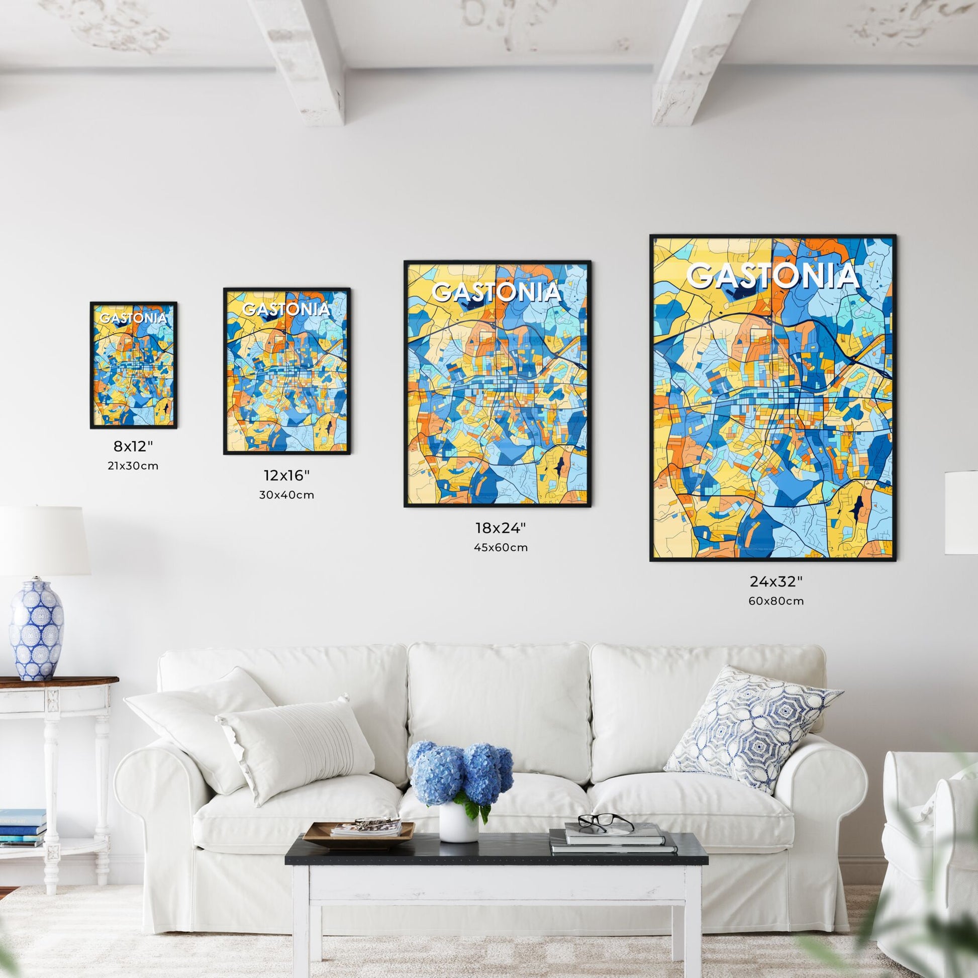 GASTONIA NORTH CAROLINA Vibrant Colorful Art Map Poster Blue Orange