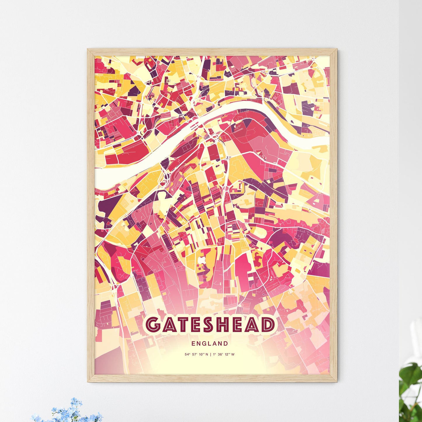 Colorful Gateshead England Fine Art Map Hot Red