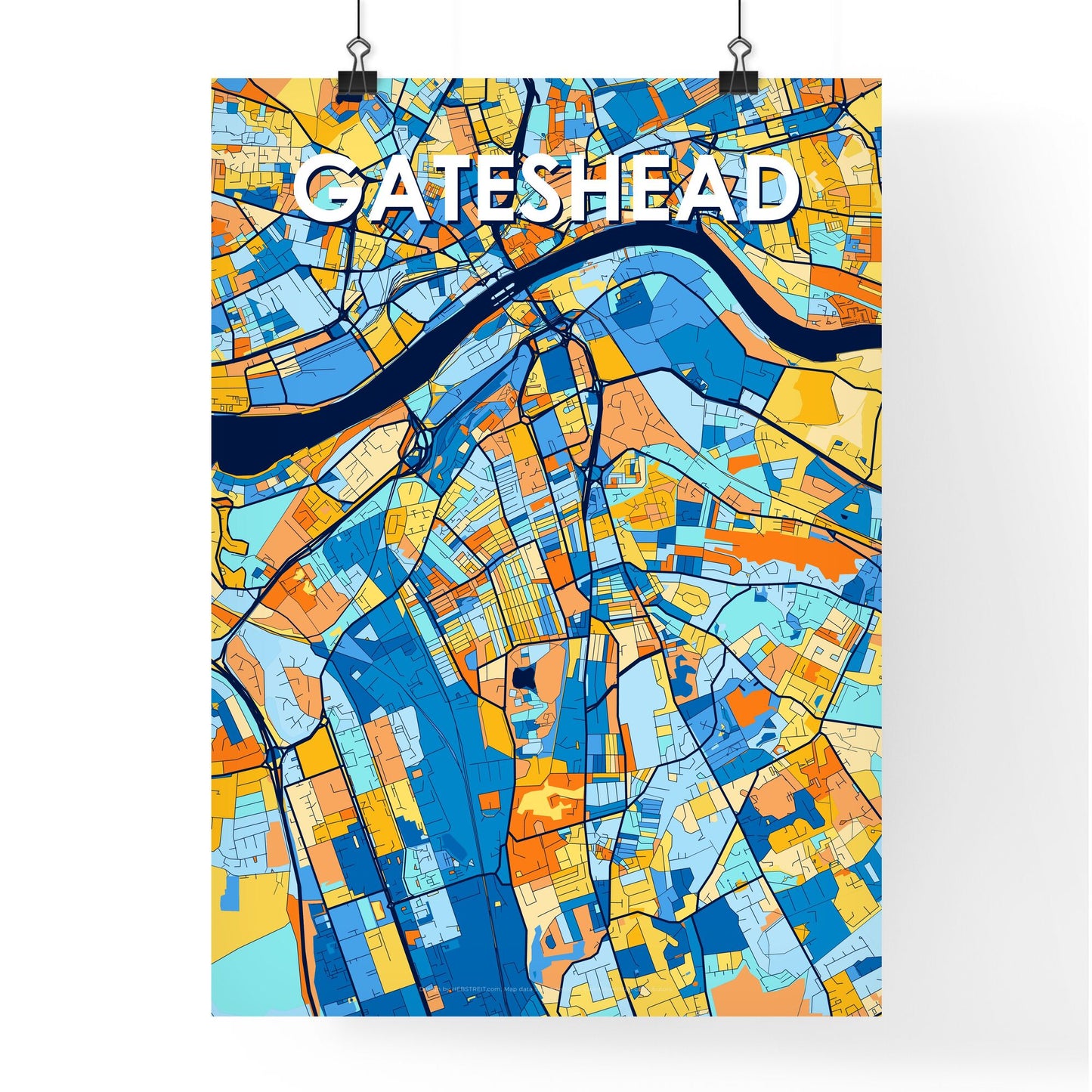 GATESHEAD ENGLAND Vibrant Colorful Art Map Poster Blue Orange