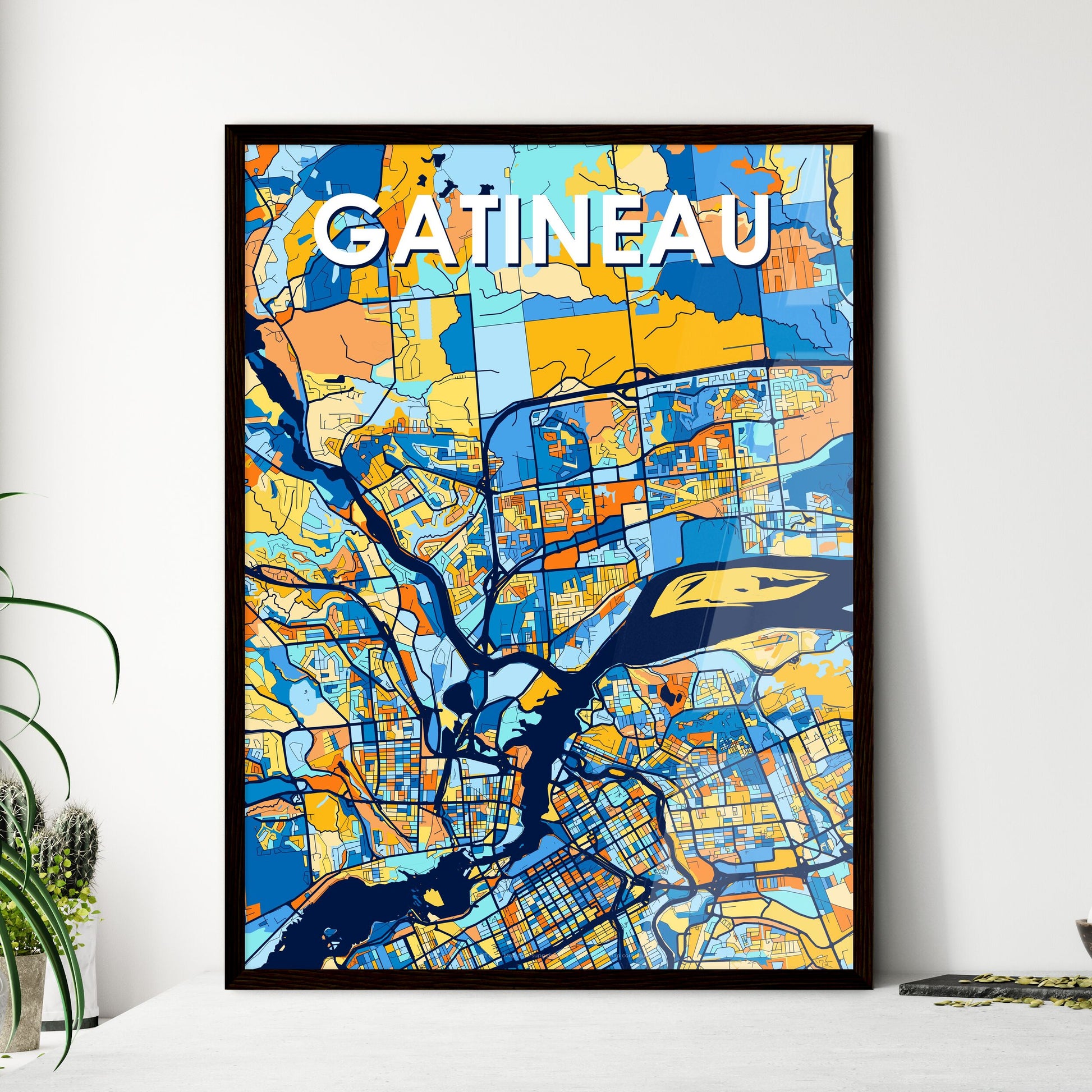 GATINEAU CANADA Vibrant Colorful Art Map Poster Blue Orange