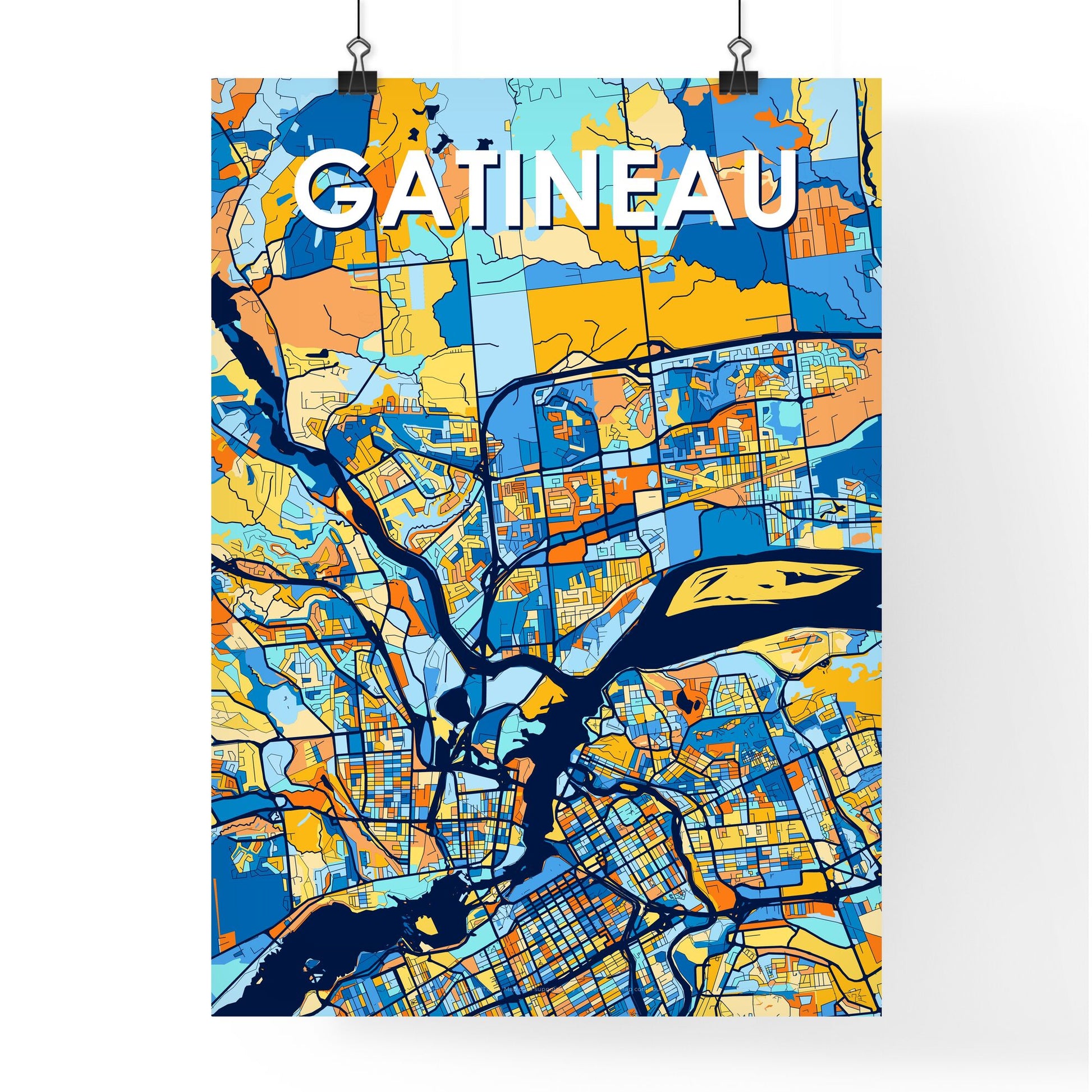 GATINEAU CANADA Vibrant Colorful Art Map Poster Blue Orange