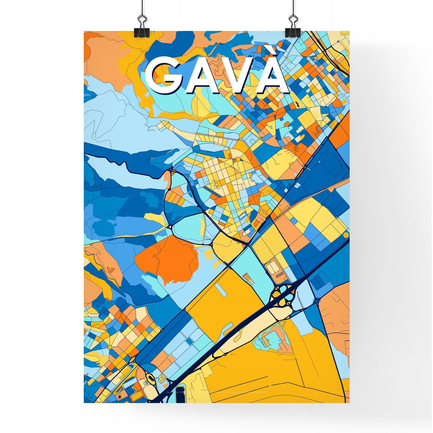 GAVÀ SPAIN Vibrant Colorful Art Map Poster Blue Orange