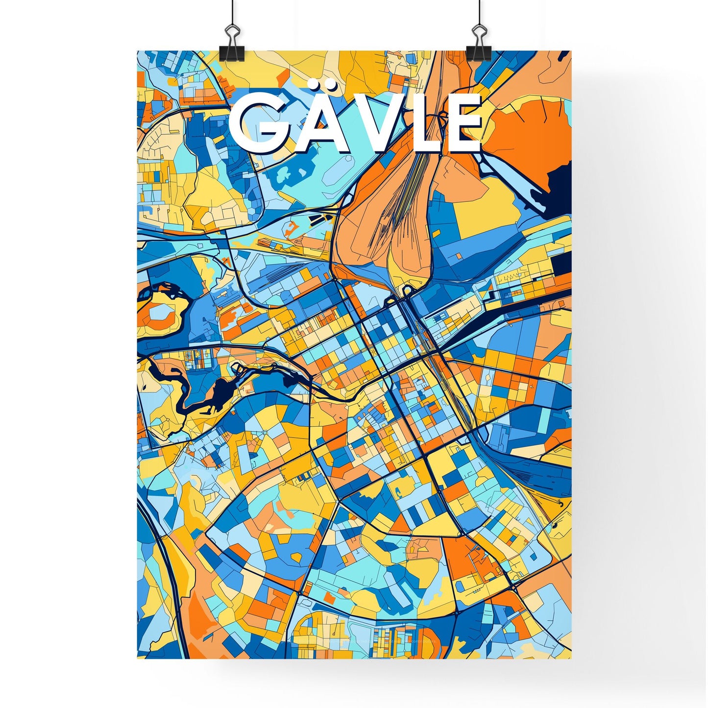 GÄVLE SWEDEN Vibrant Colorful Art Map Poster Blue Orange