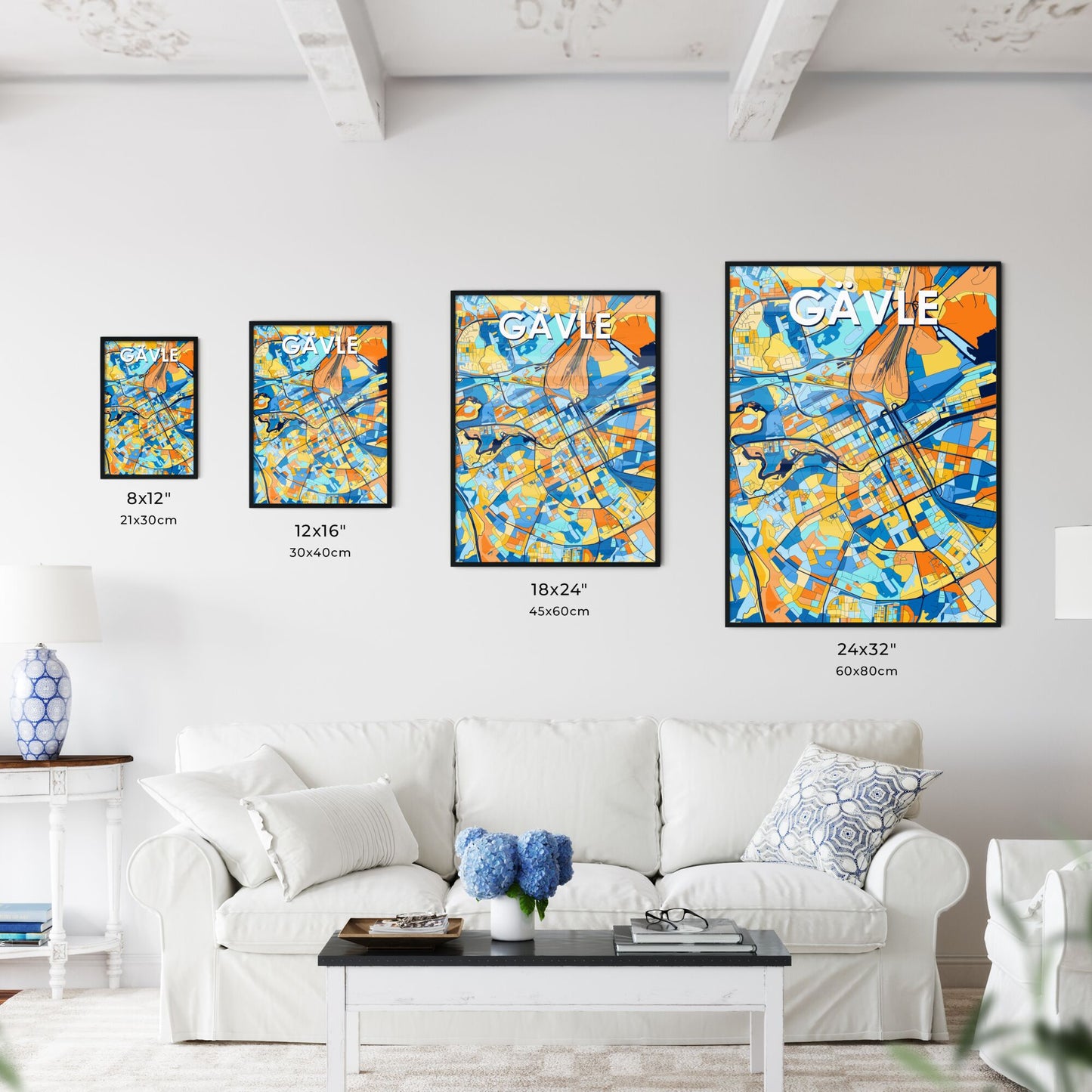 GÄVLE SWEDEN Vibrant Colorful Art Map Poster Blue Orange