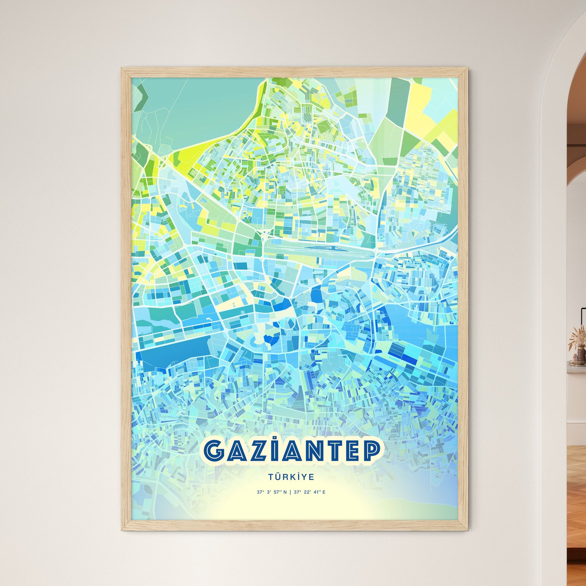 Colorful Gaziantep Turkey Fine Art Map Cool Blue