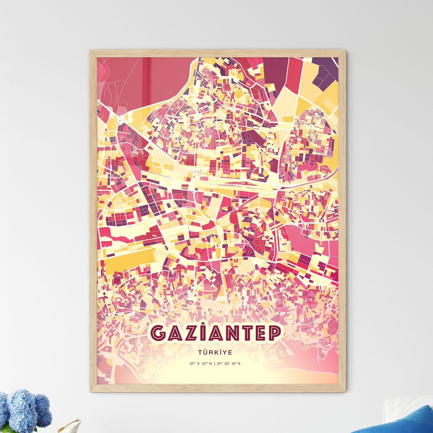 Colorful Gaziantep Turkey Fine Art Map Hot Red