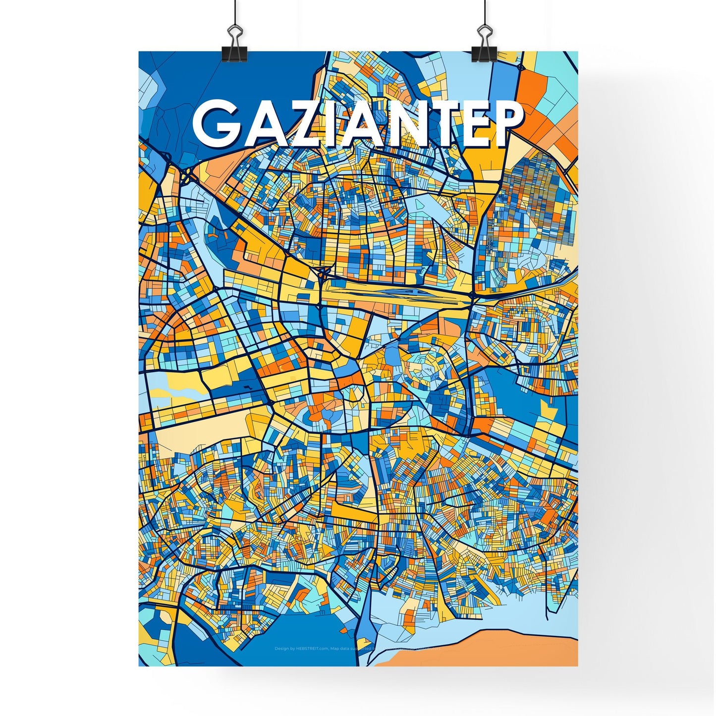 GAZIANTEP TURKEY Vibrant Colorful Art Map Poster Blue Orange