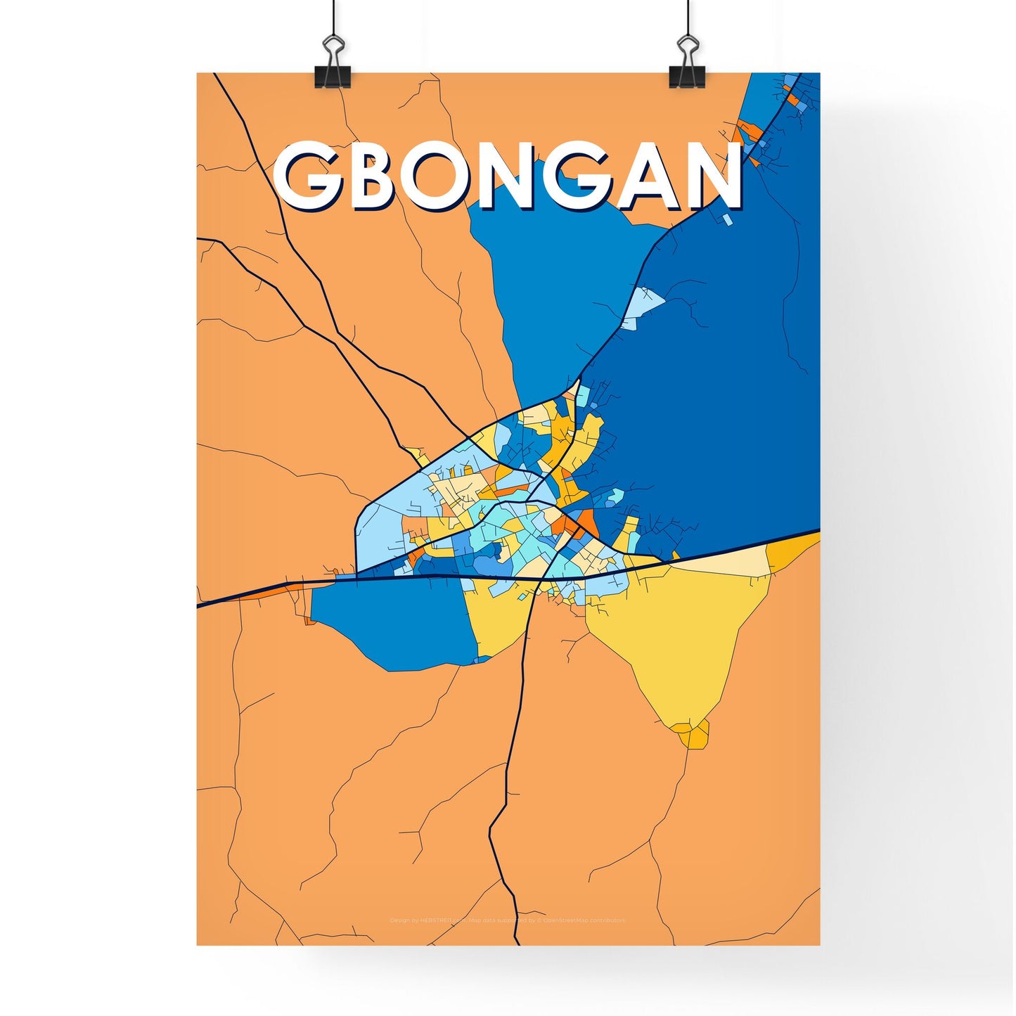 GBONGAN NIGERIA Vibrant Colorful Art Map Poster Blue Orange