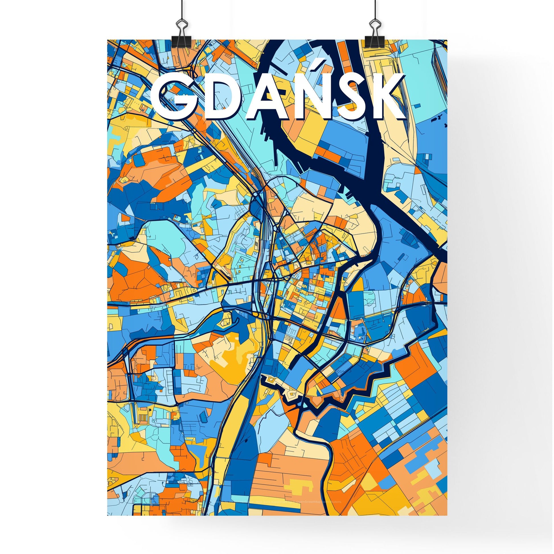 GDAŃSK POLAND Vibrant Colorful Art Map Poster Blue Orange