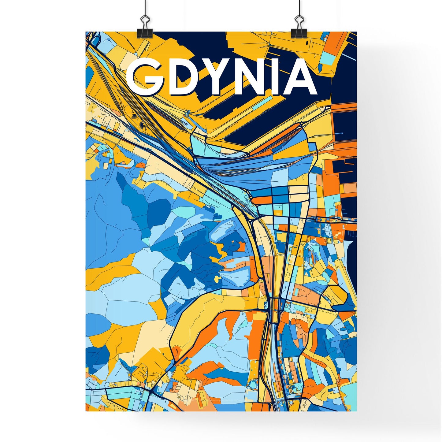 GDYNIA POLAND Vibrant Colorful Art Map Poster Blue Orange