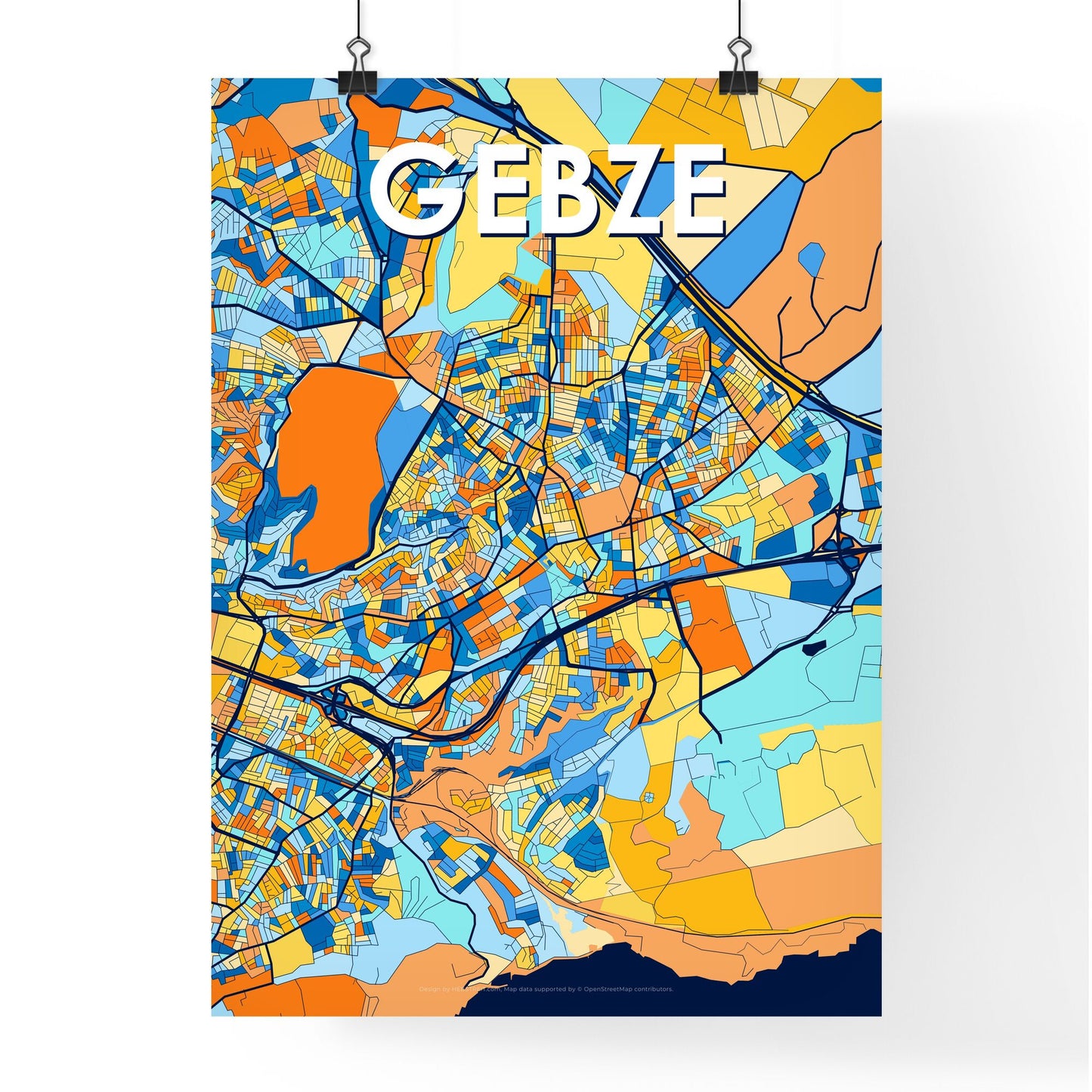 GEBZE TURKEY Vibrant Colorful Art Map Poster Blue Orange