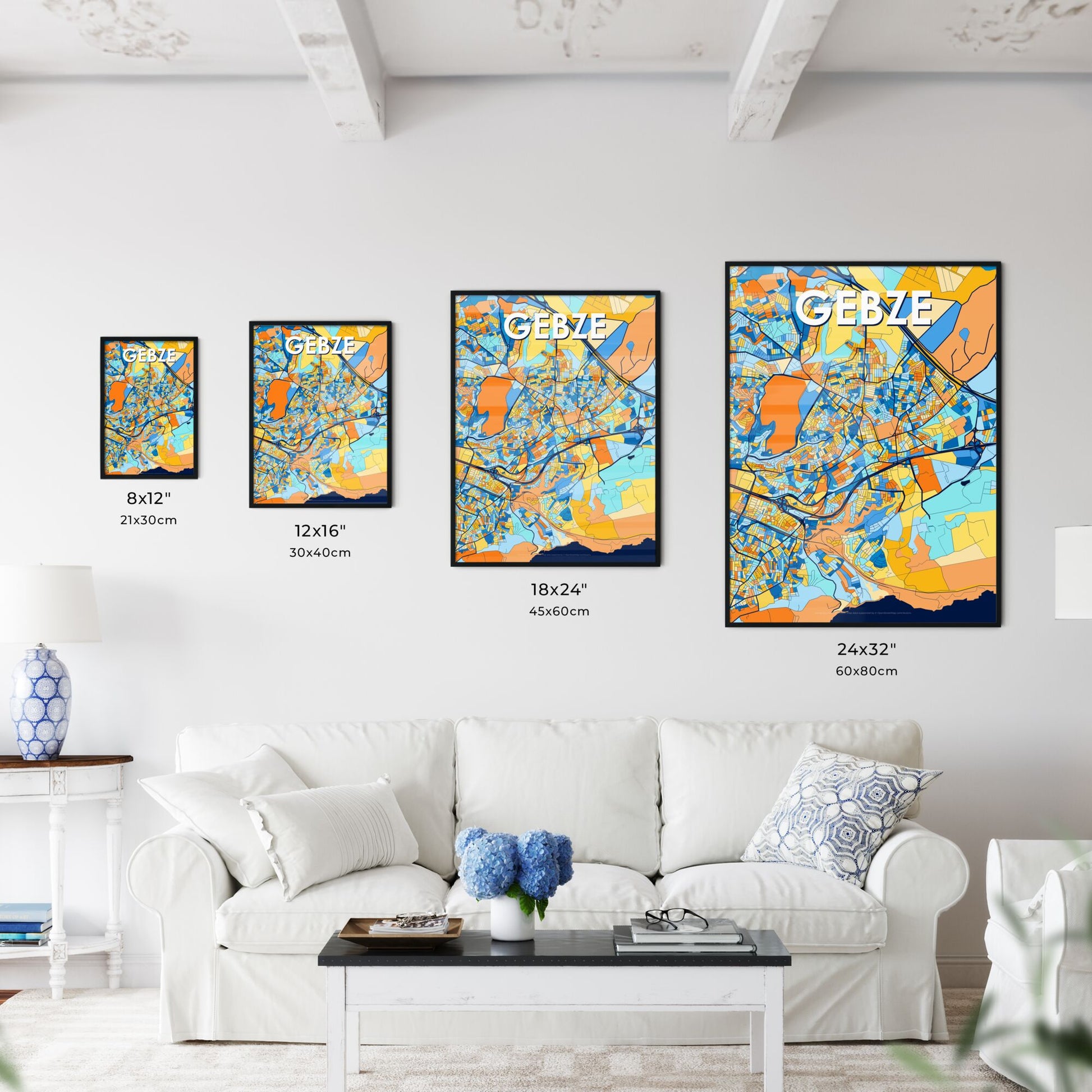 GEBZE TURKEY Vibrant Colorful Art Map Poster Blue Orange