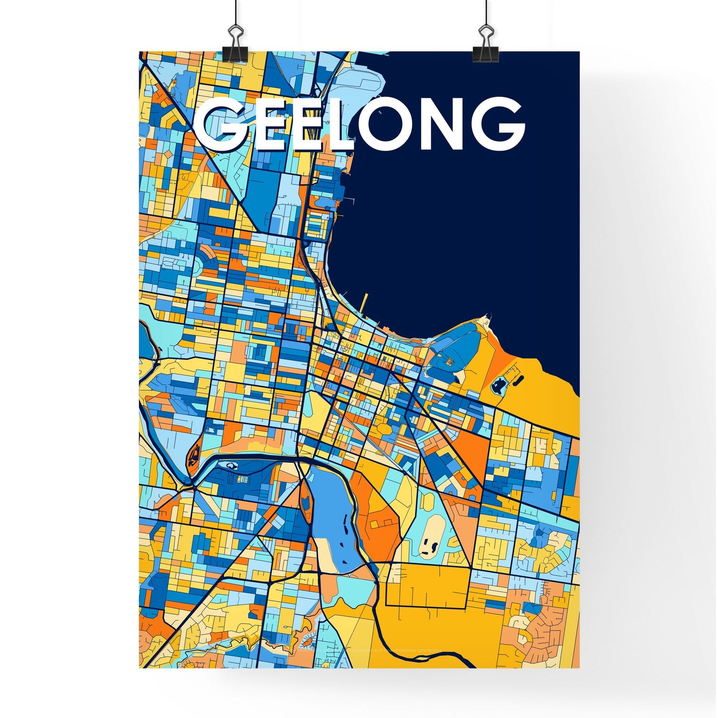 GEELONG AUSTRALIA Vibrant Colorful Art Map Poster Blue Orange