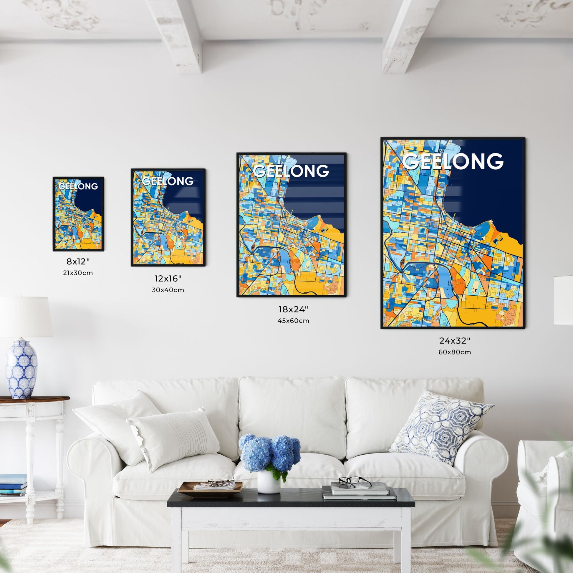 GEELONG AUSTRALIA Vibrant Colorful Art Map Poster Blue Orange