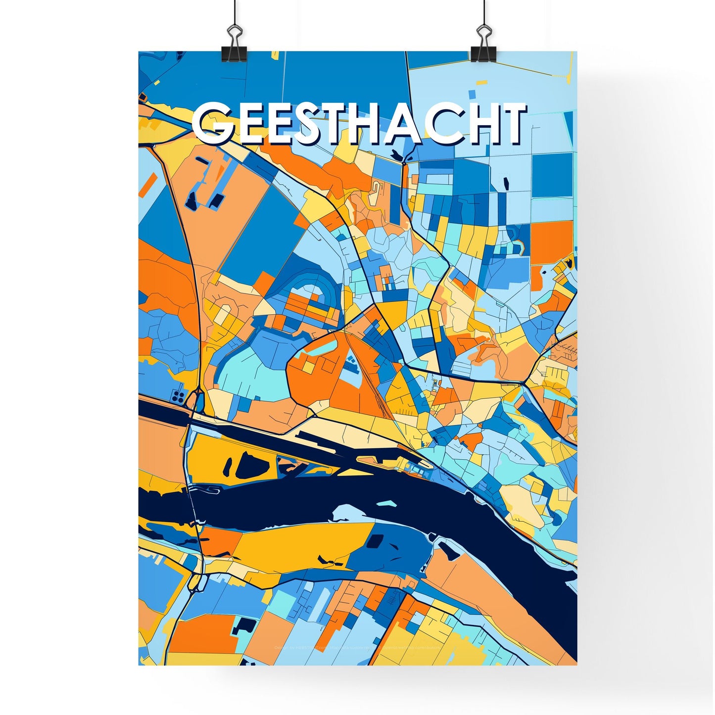 GEESTHACHT GERMANY Vibrant Colorful Art Map Poster Blue Orange