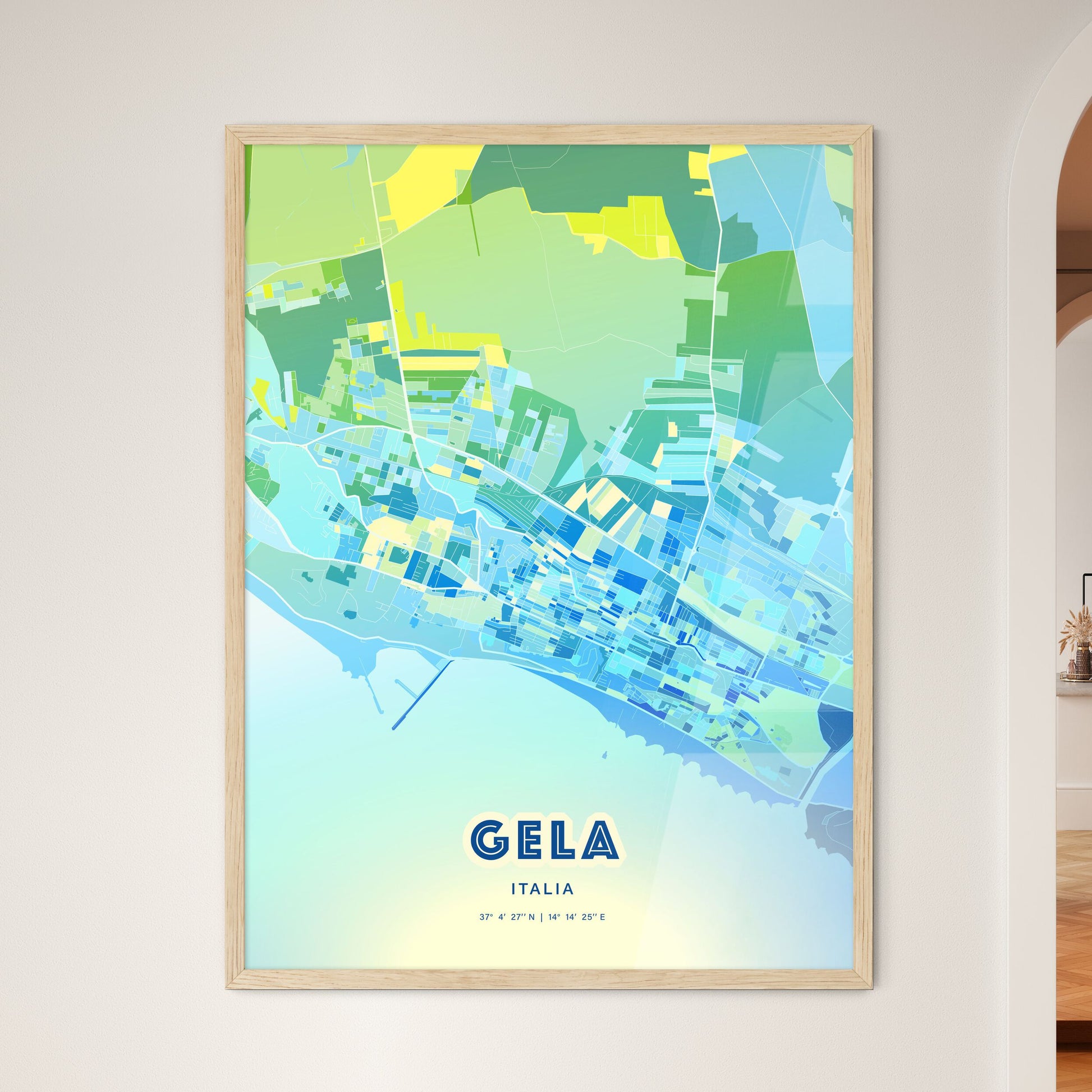 Colorful Gela Italy Fine Art Map Cool Blue