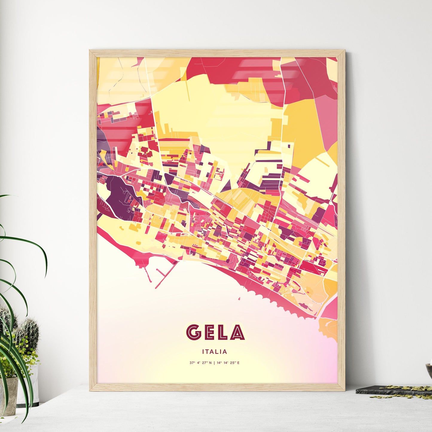 Colorful Gela Italy Fine Art Map Hot Red