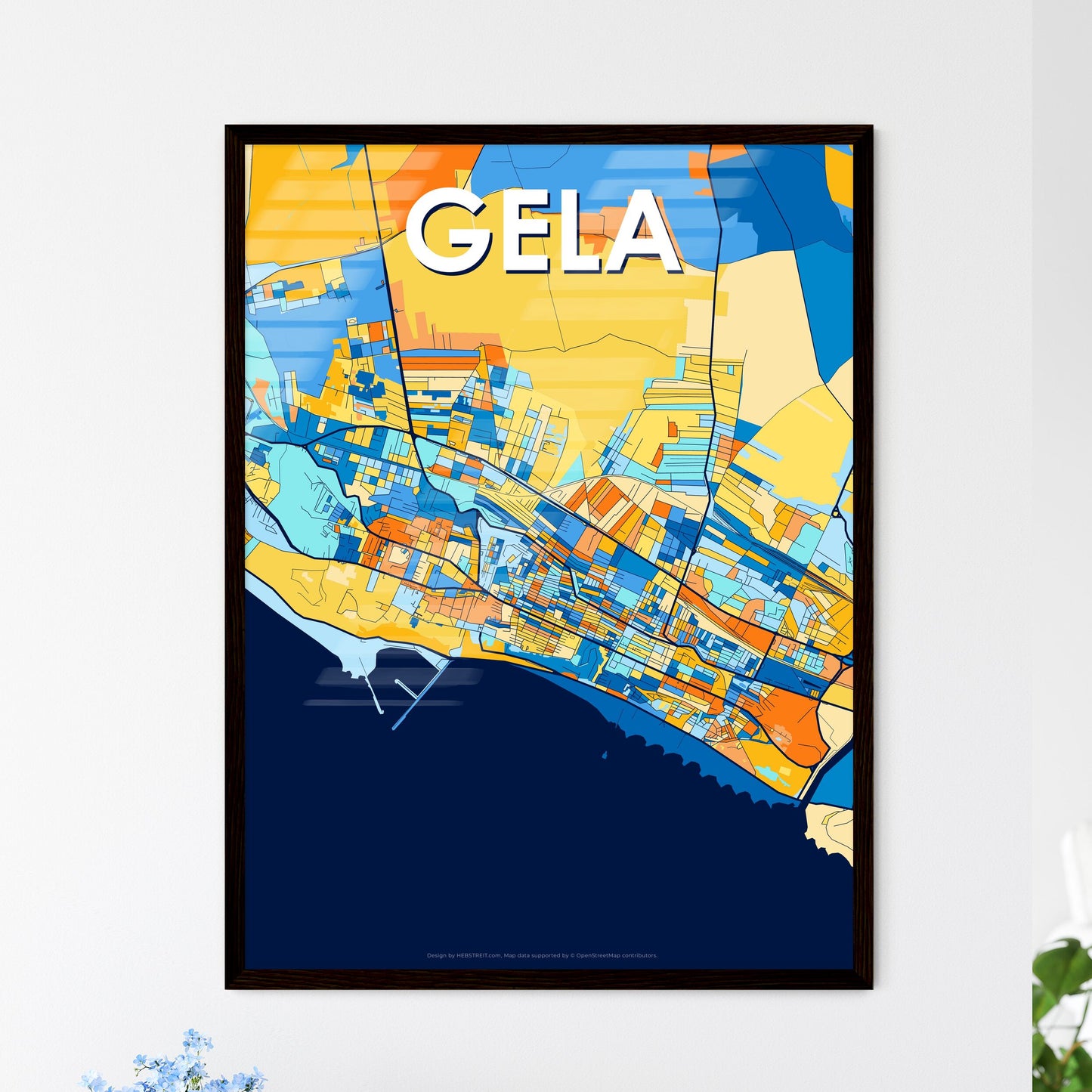 GELA ITALY Vibrant Colorful Art Map Poster Blue Orange