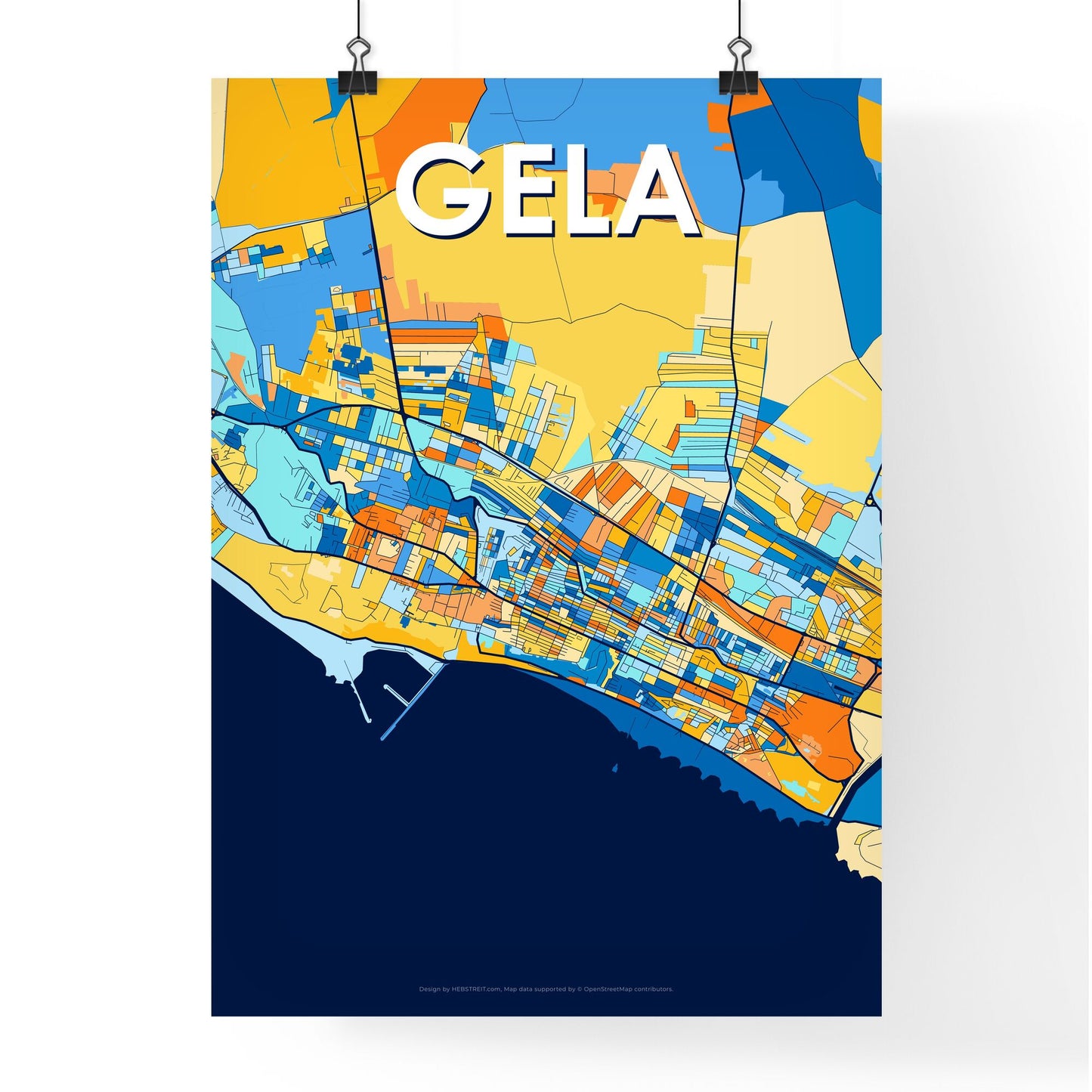 GELA ITALY Vibrant Colorful Art Map Poster Blue Orange