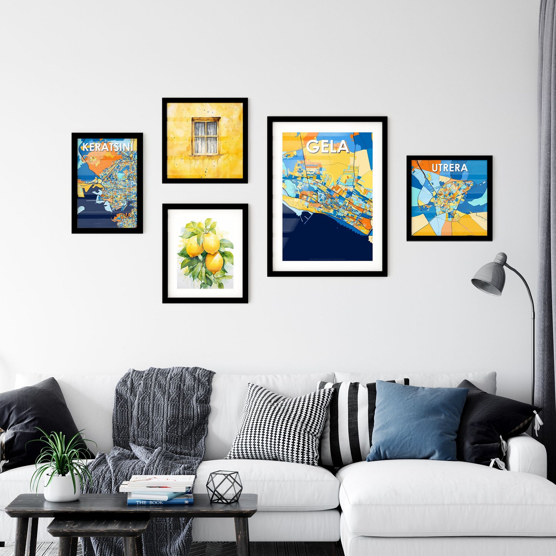 GELA ITALY Vibrant Colorful Art Map Poster Blue Orange