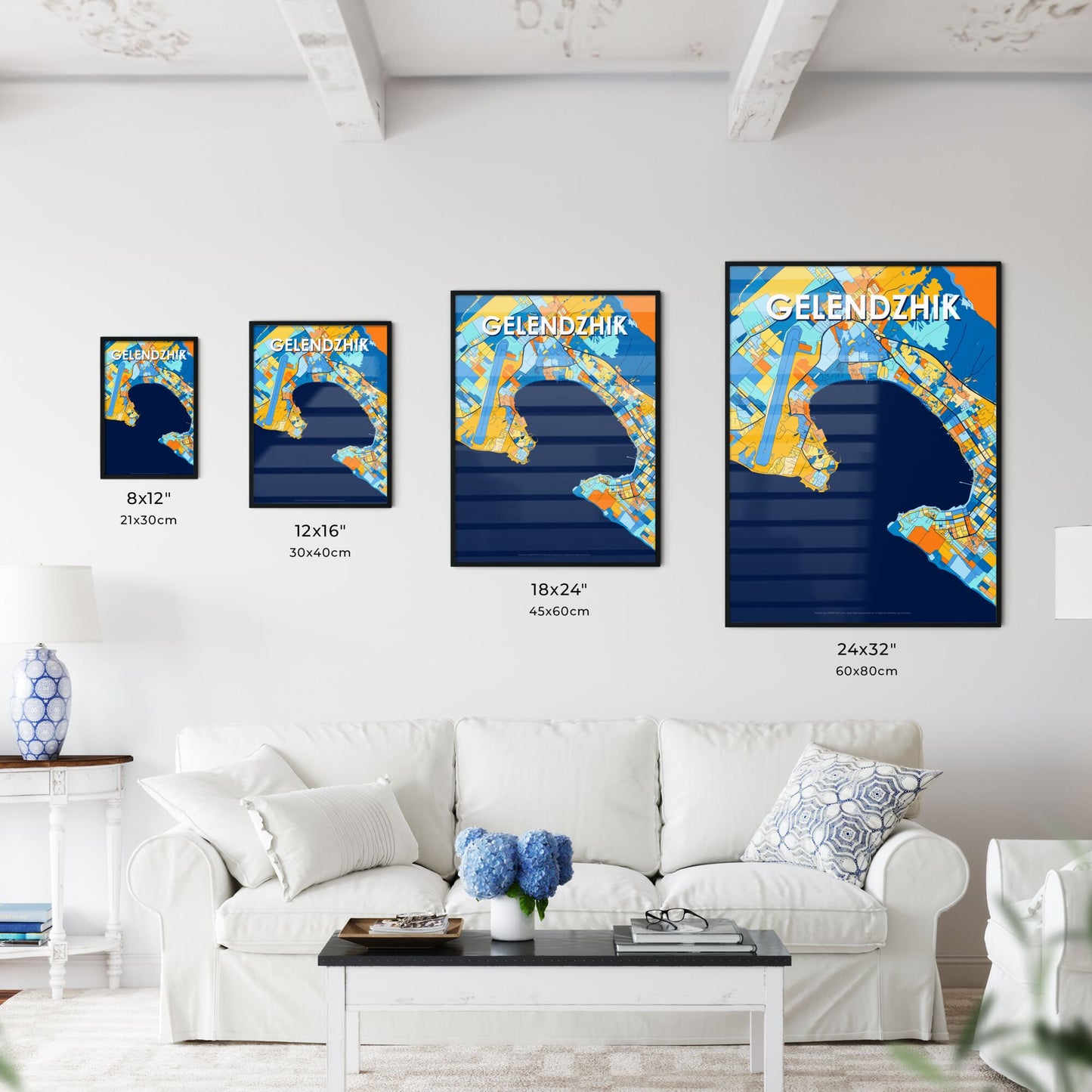 GELENDZHIK RUSSIA Vibrant Colorful Art Map Poster Blue Orange