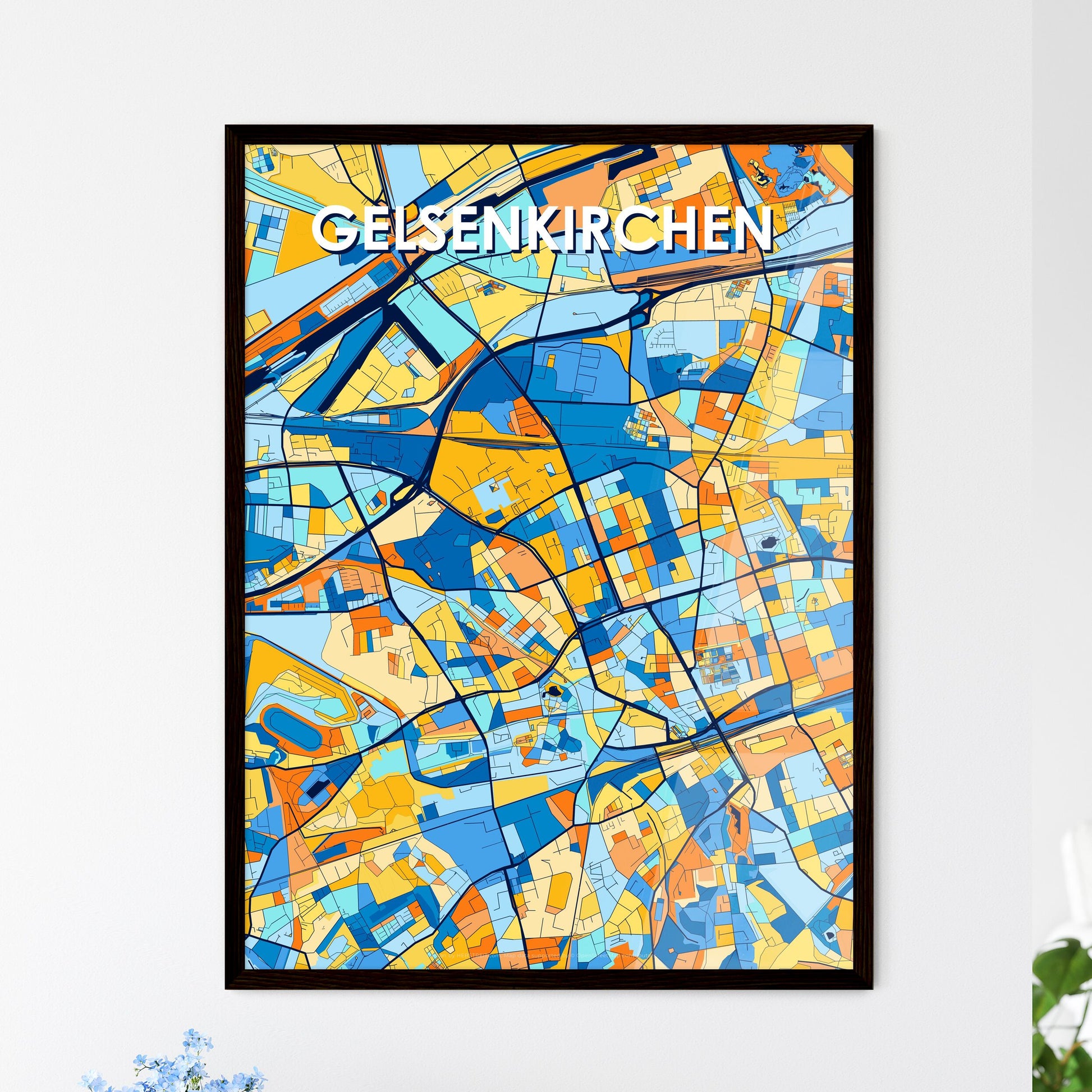 GELSENKIRCHEN GERMANY Vibrant Colorful Art Map Poster Blue Orange