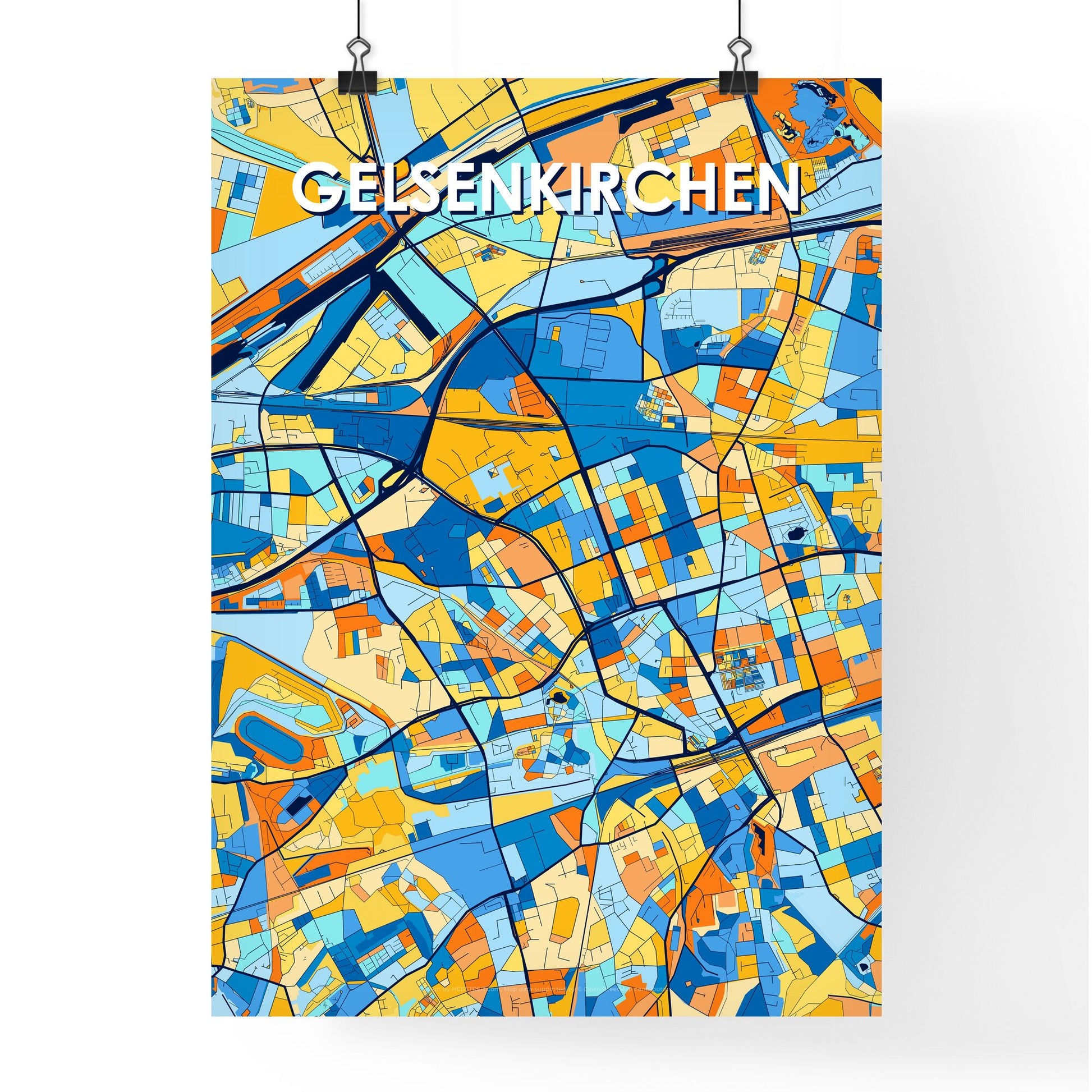 GELSENKIRCHEN GERMANY Vibrant Colorful Art Map Poster Blue Orange