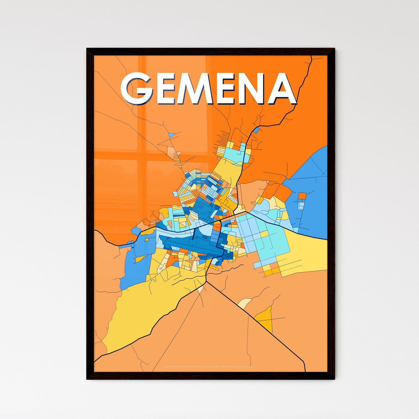 GEMENA DR CONGO Vibrant Colorful Art Map Poster Blue Orange