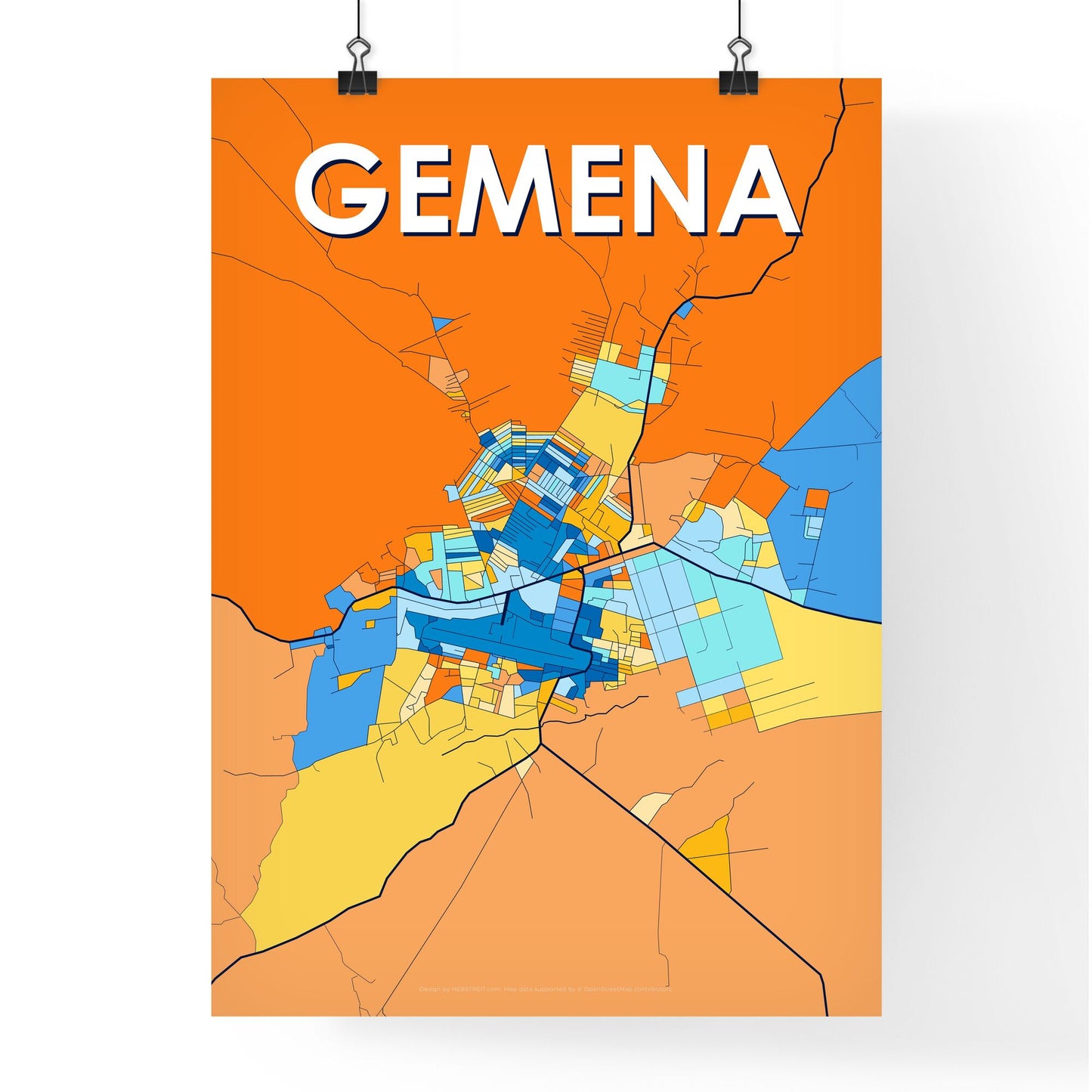 GEMENA DR CONGO Vibrant Colorful Art Map Poster Blue Orange