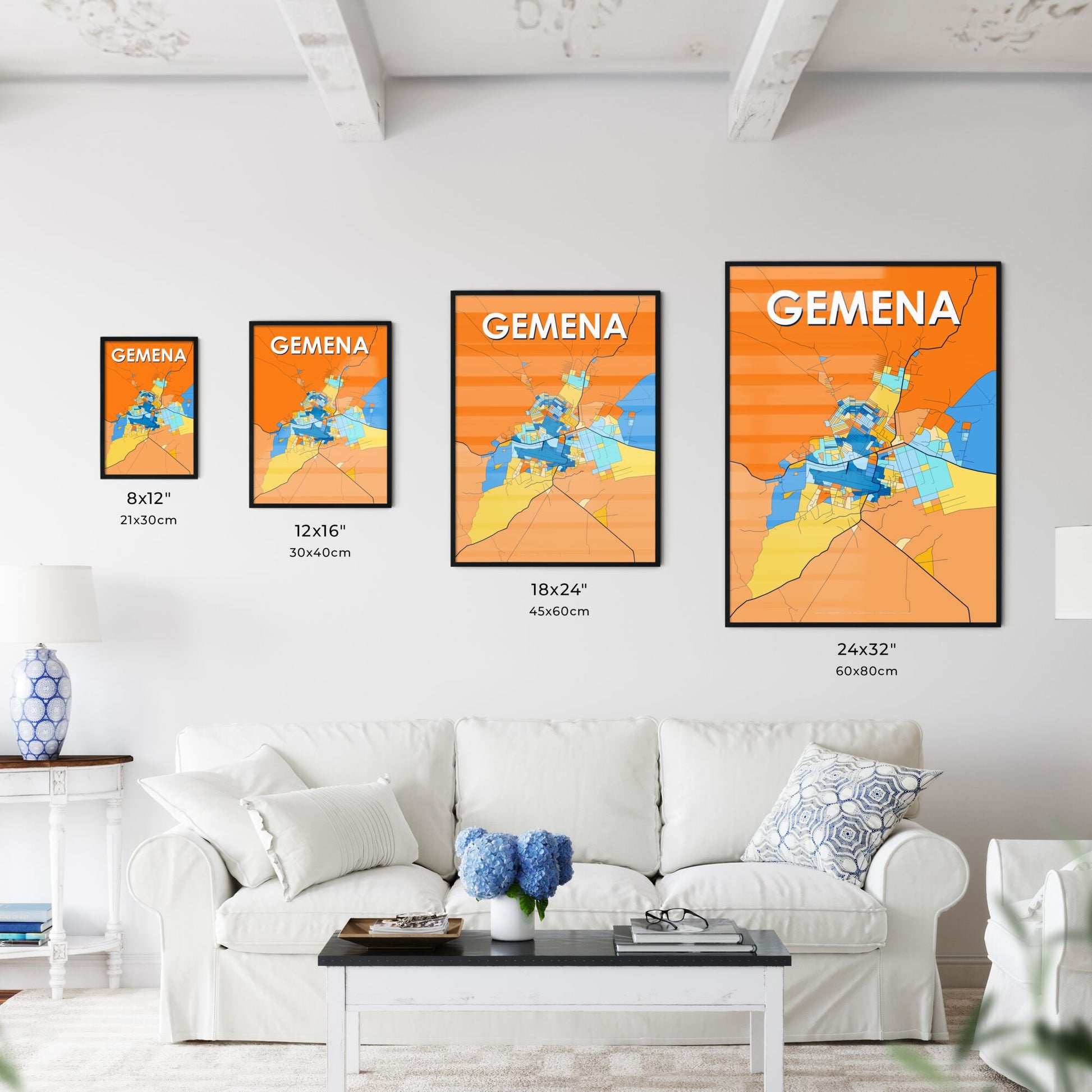 GEMENA DR CONGO Vibrant Colorful Art Map Poster Blue Orange