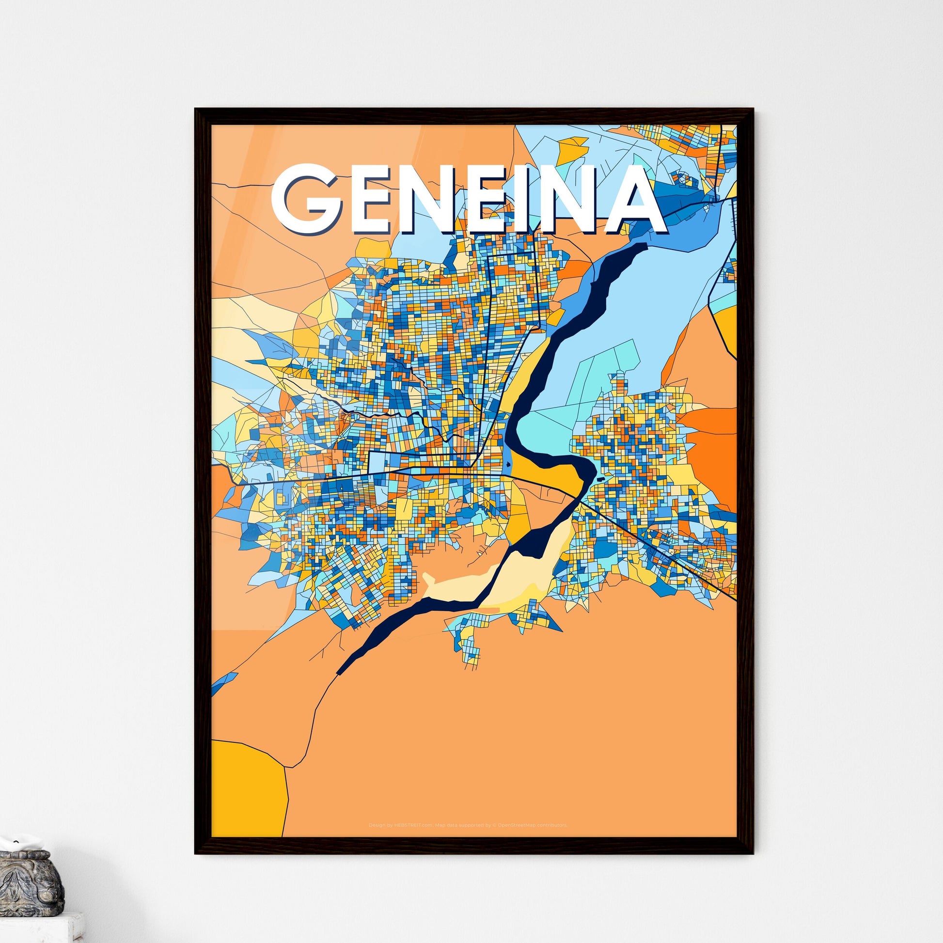 GENEINA SUDAN Vibrant Colorful Art Map Poster Blue Orange