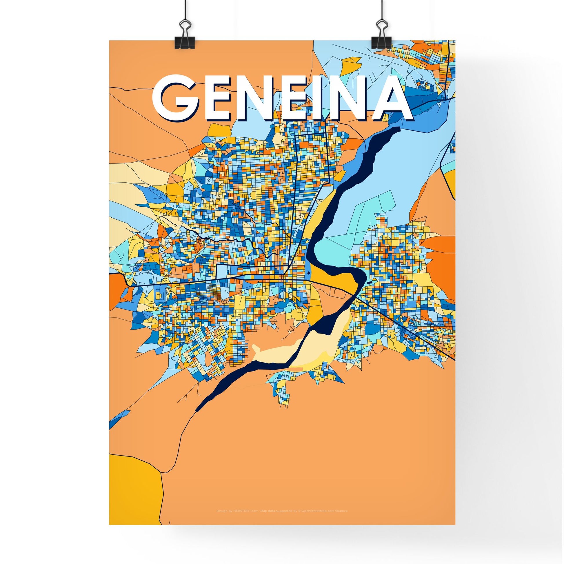 GENEINA SUDAN Vibrant Colorful Art Map Poster Blue Orange