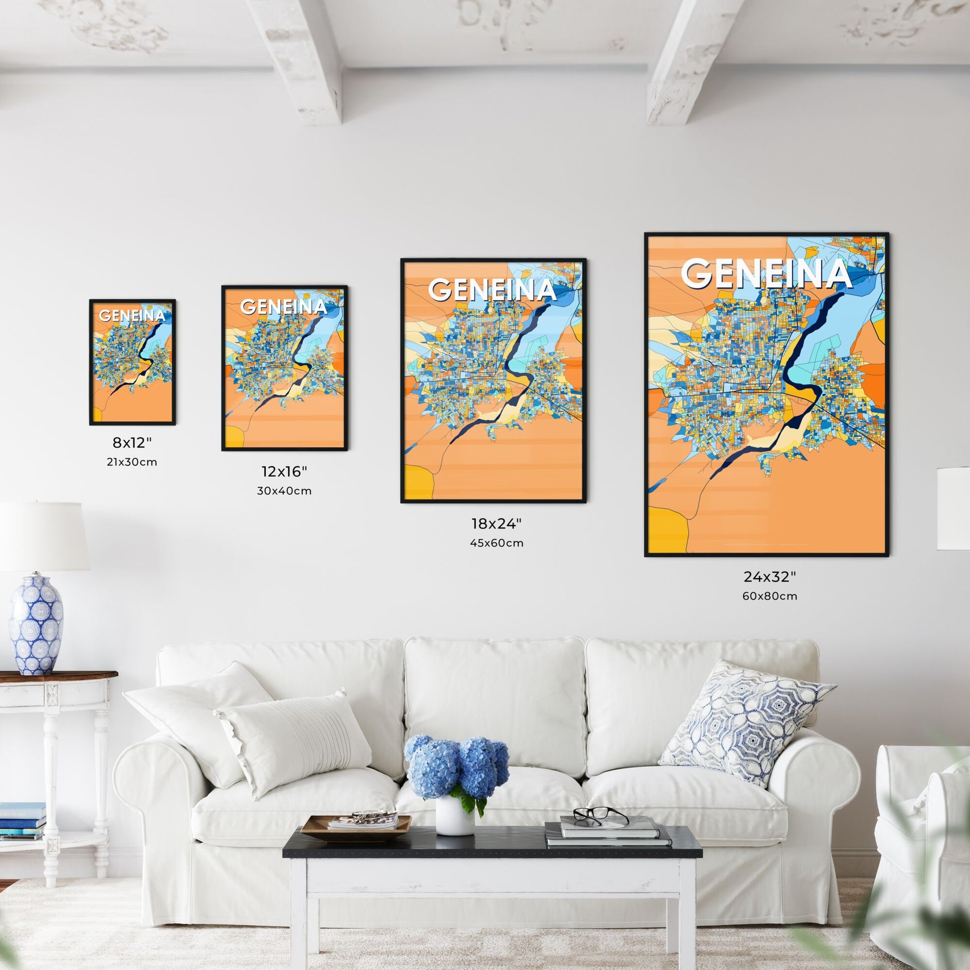 GENEINA SUDAN Vibrant Colorful Art Map Poster Blue Orange