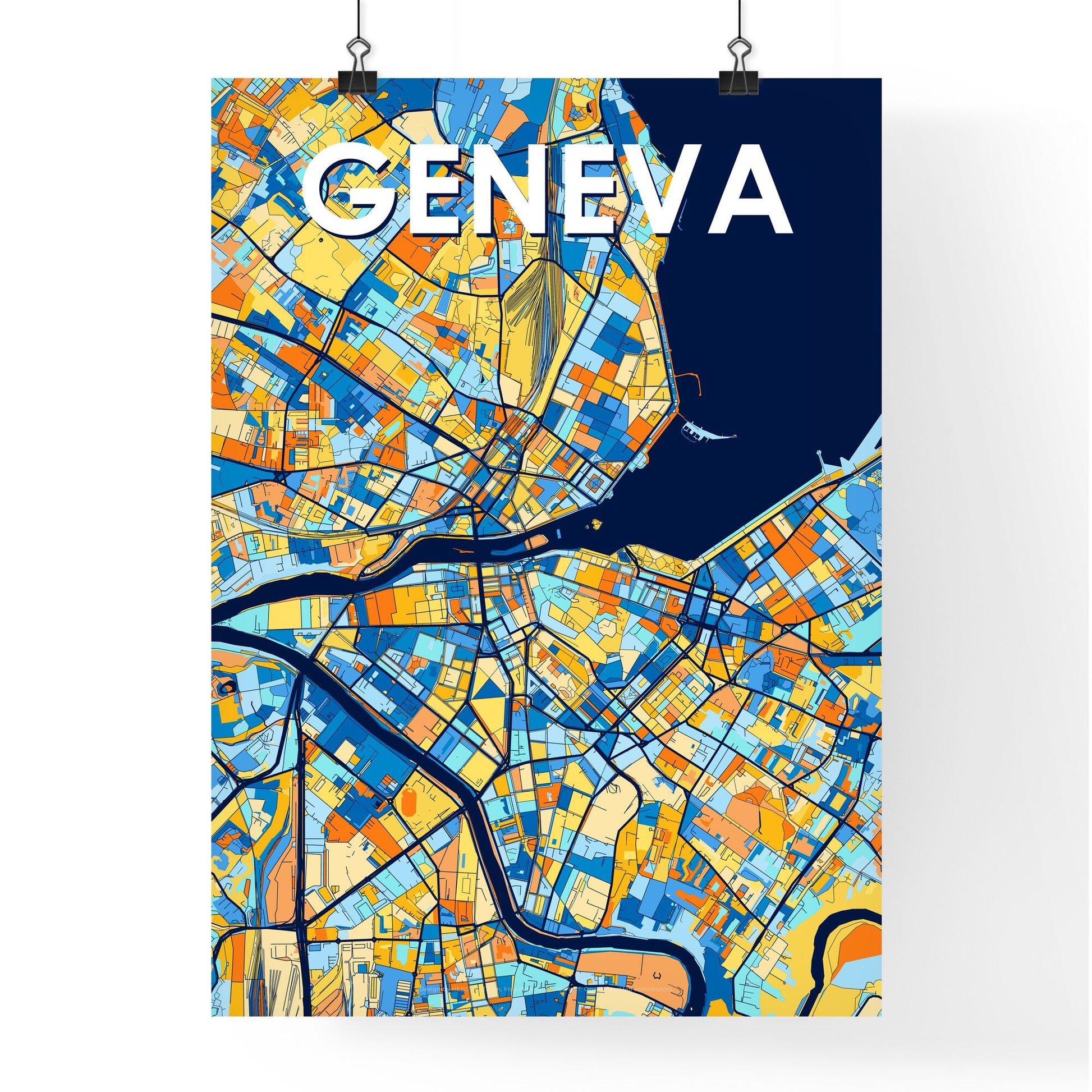 GENEVA SWITZERLAND Vibrant Colorful Art Map Poster Blue Orange