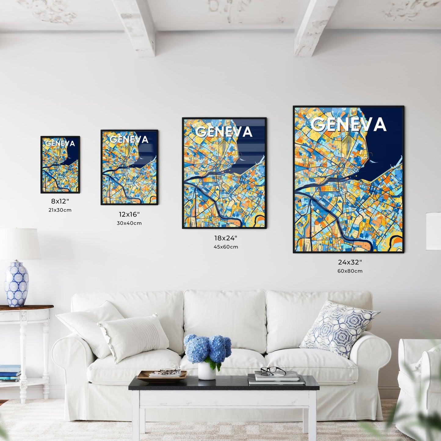 GENEVA SWITZERLAND Vibrant Colorful Art Map Poster Blue Orange