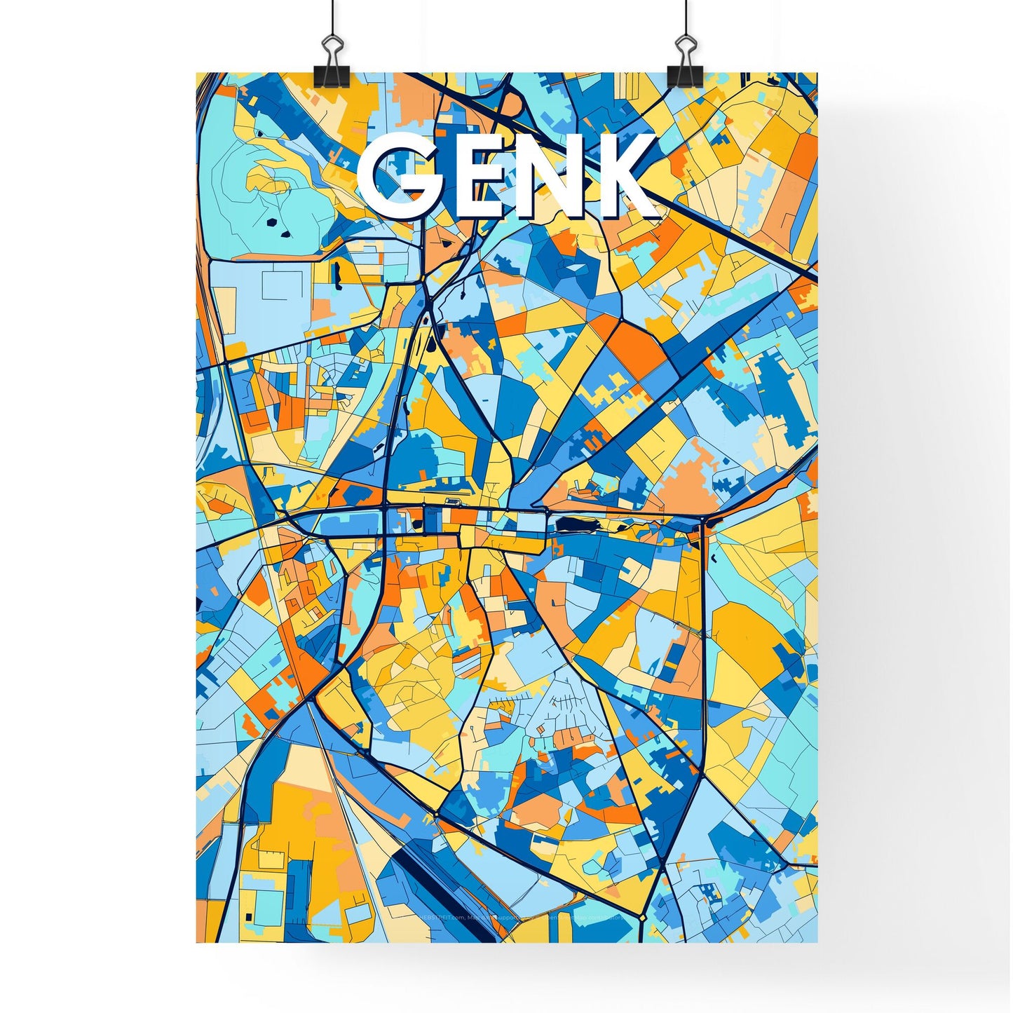 GENK BELGIUM Vibrant Colorful Art Map Poster Blue Orange