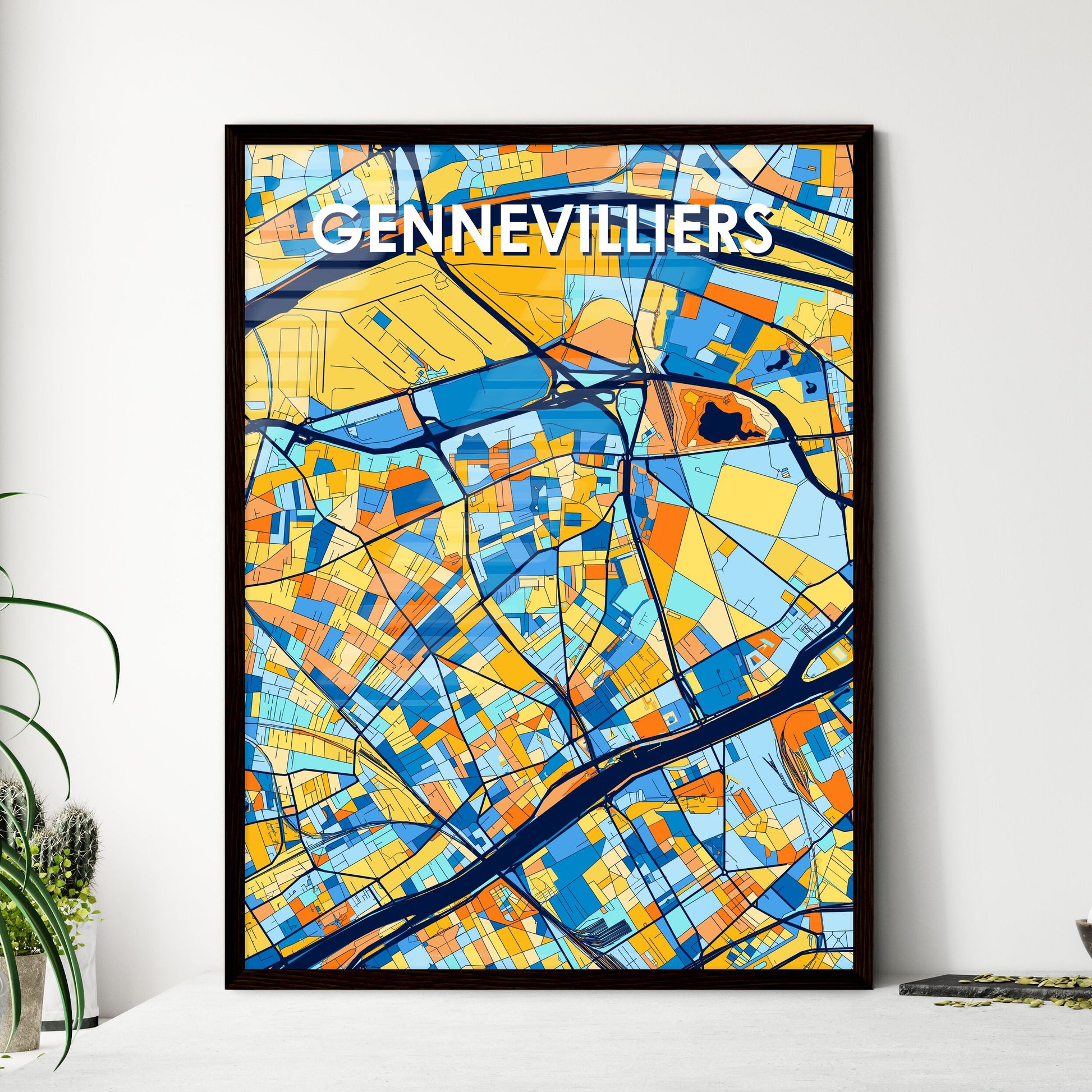 GENNEVILLIERS FRANCE Vibrant Colorful Art Map Poster Blue Orange